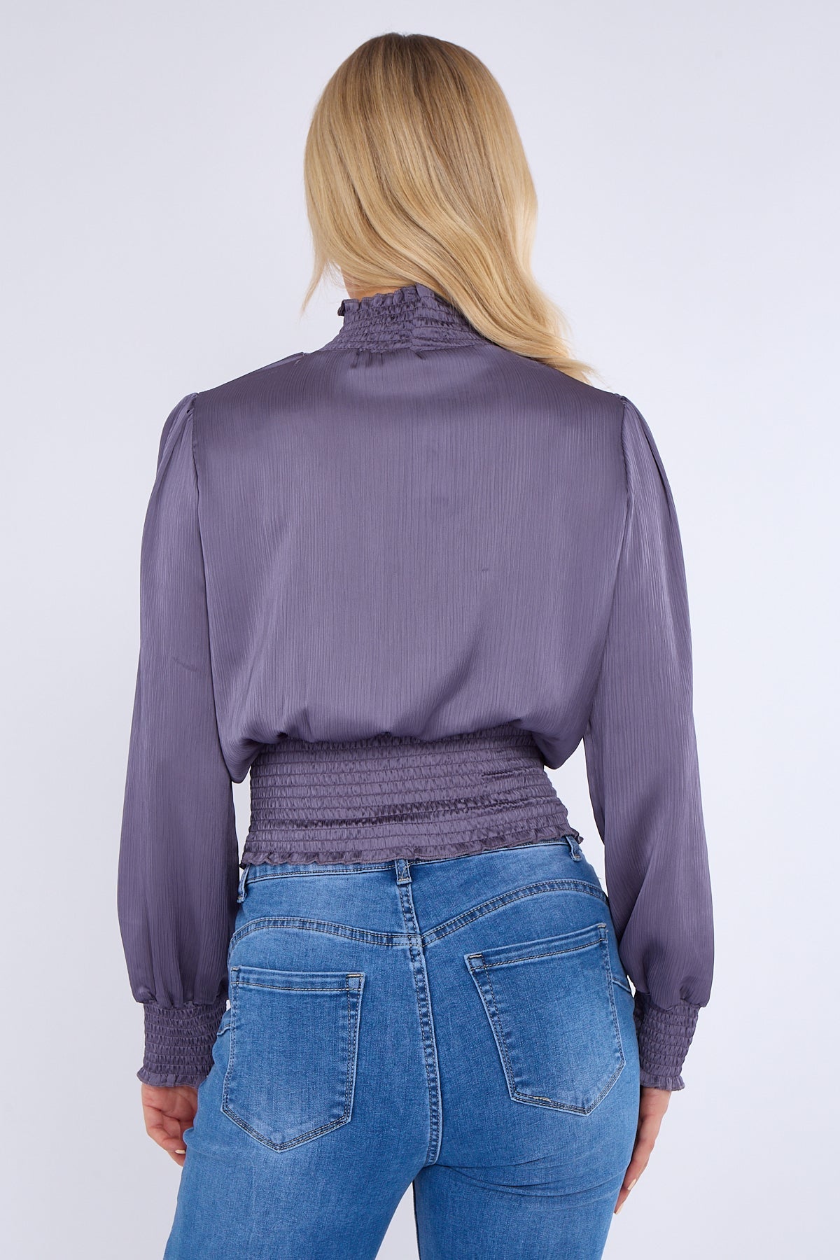 8Pcs Purple Grey Creased Satin Shirred Waist Cropped Top