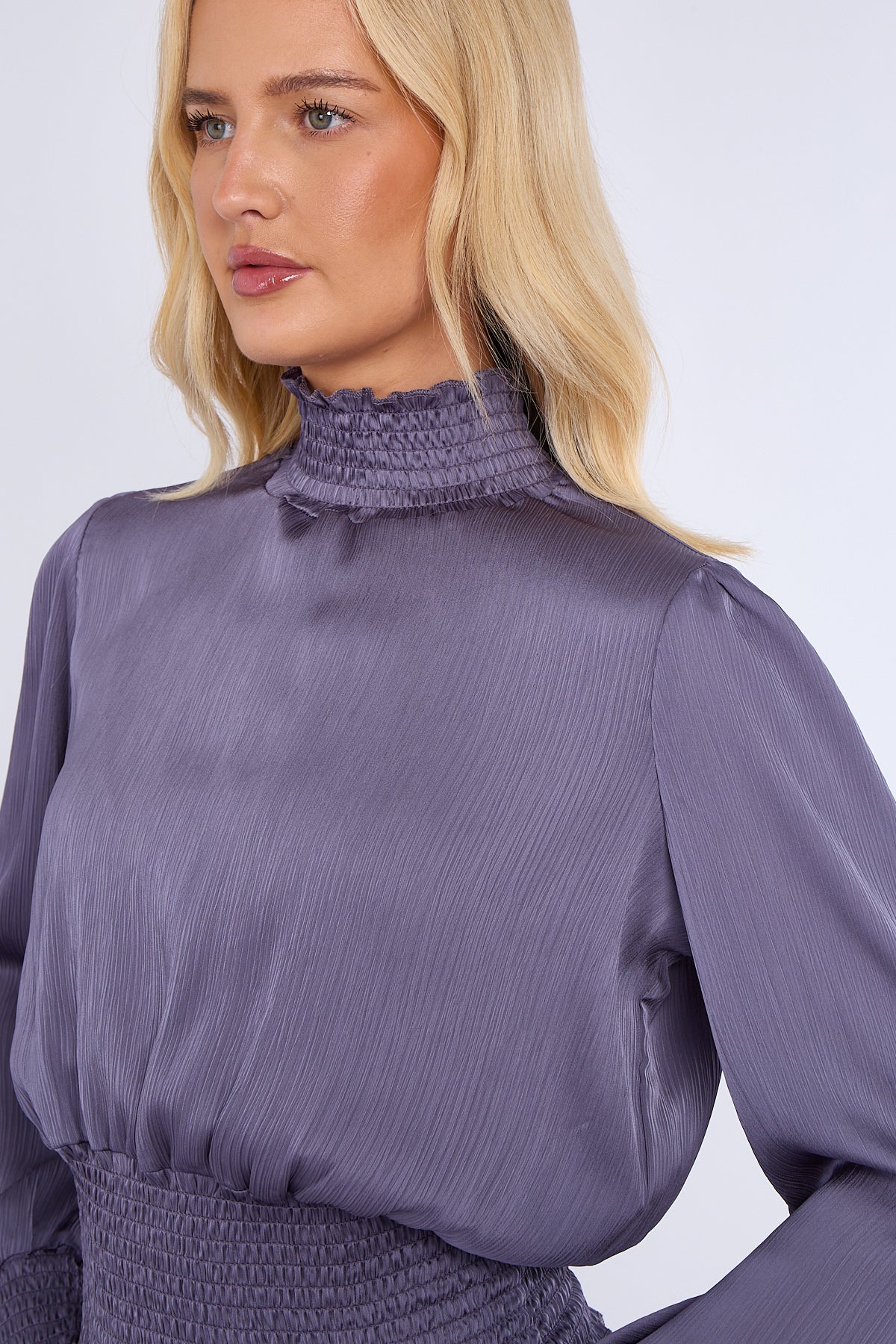8Pcs Purple Grey Creased Satin Shirred Waist Cropped Top
