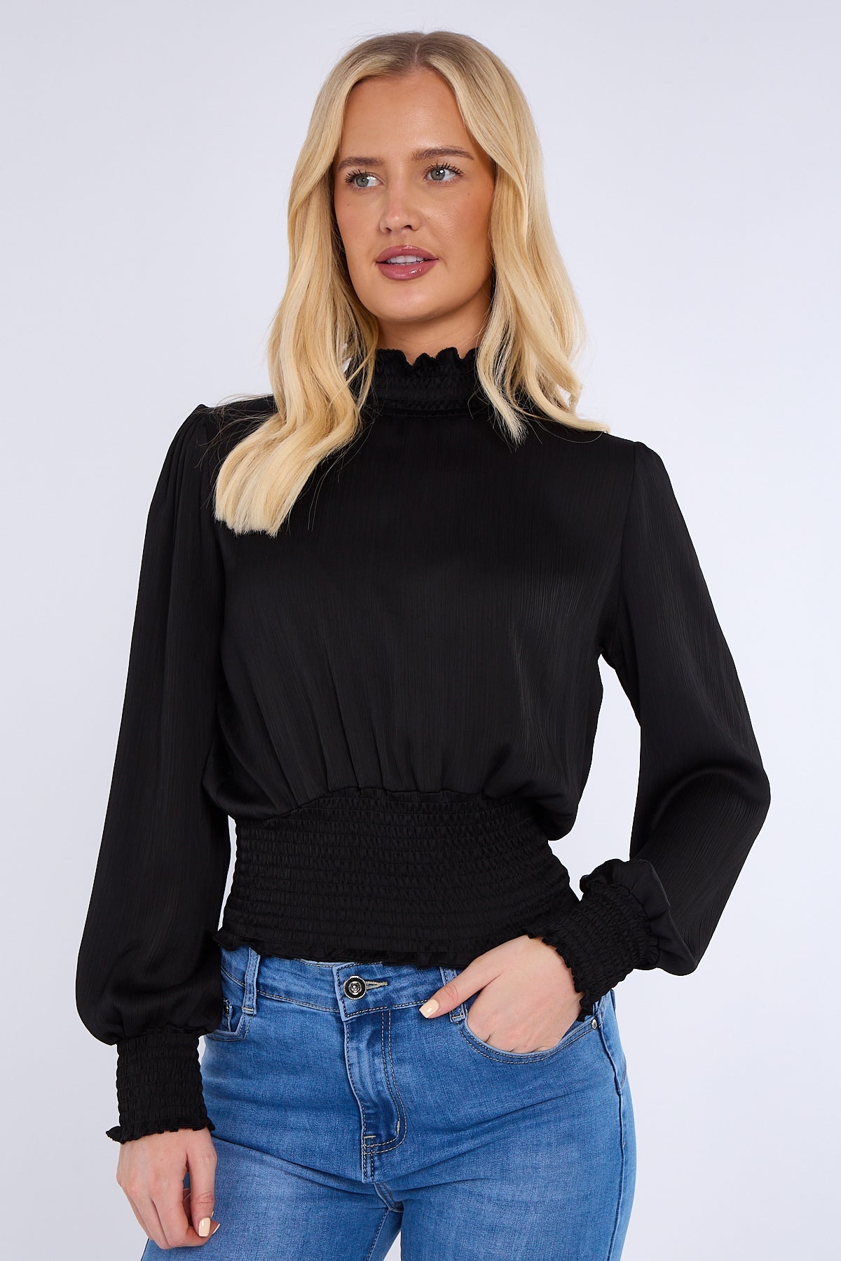 8Pcs Black Creased Satin Shirred Waist Cropped Top