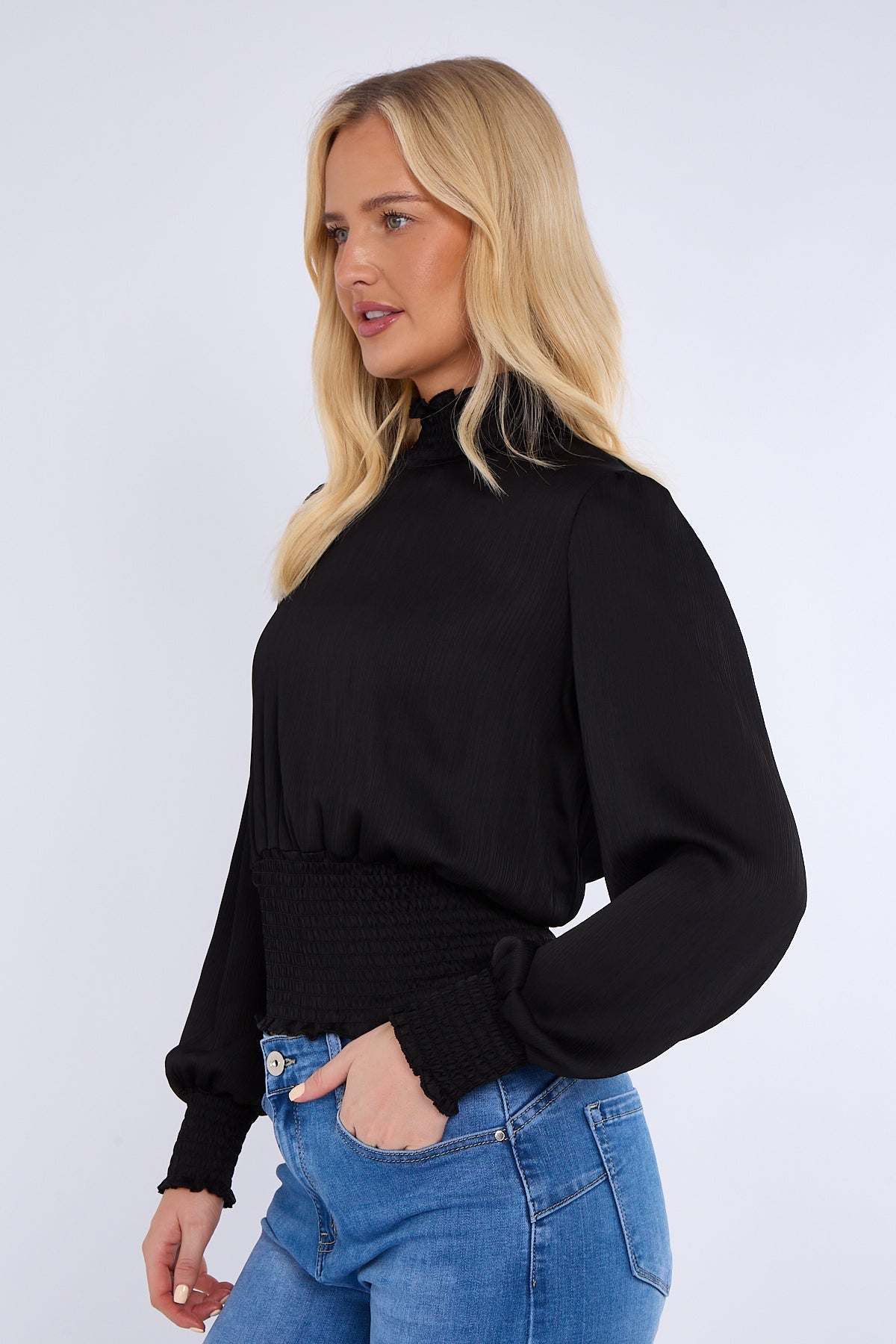 8Pcs Black Creased Satin Shirred Waist Cropped Top