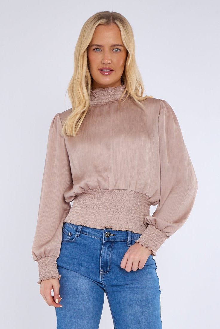8Pcs Champagne Creased Satin Shirred Waist Cropped Top