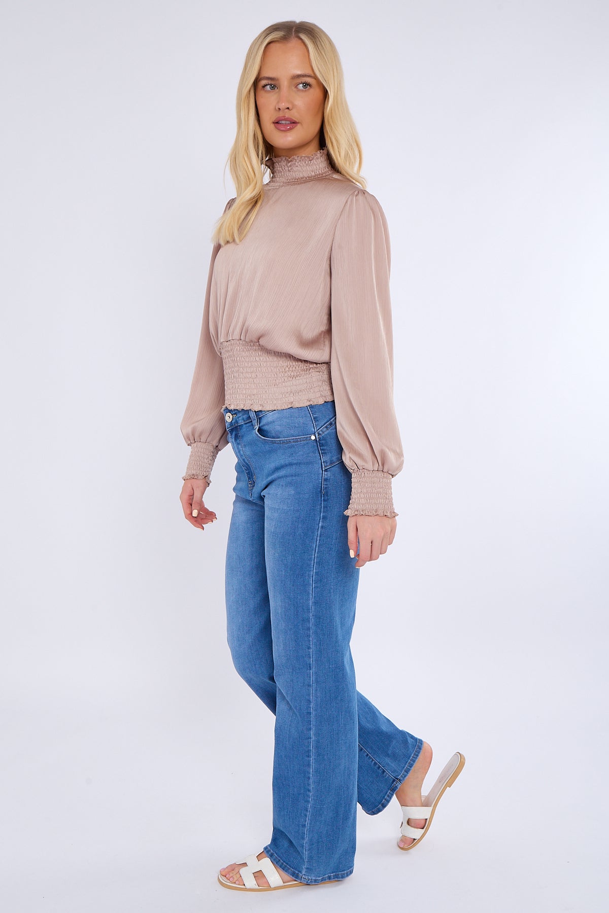 8Pcs Champagne Creased Satin Shirred Waist Cropped Top