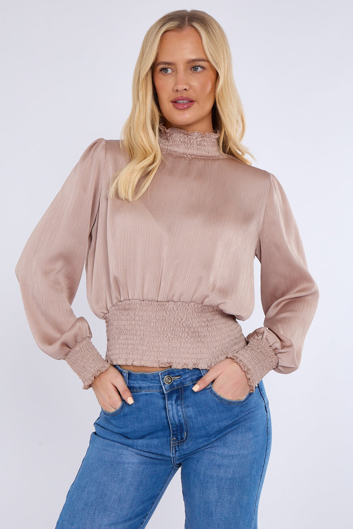 8Pcs Champagne Creased Satin Shirred Waist Cropped Top