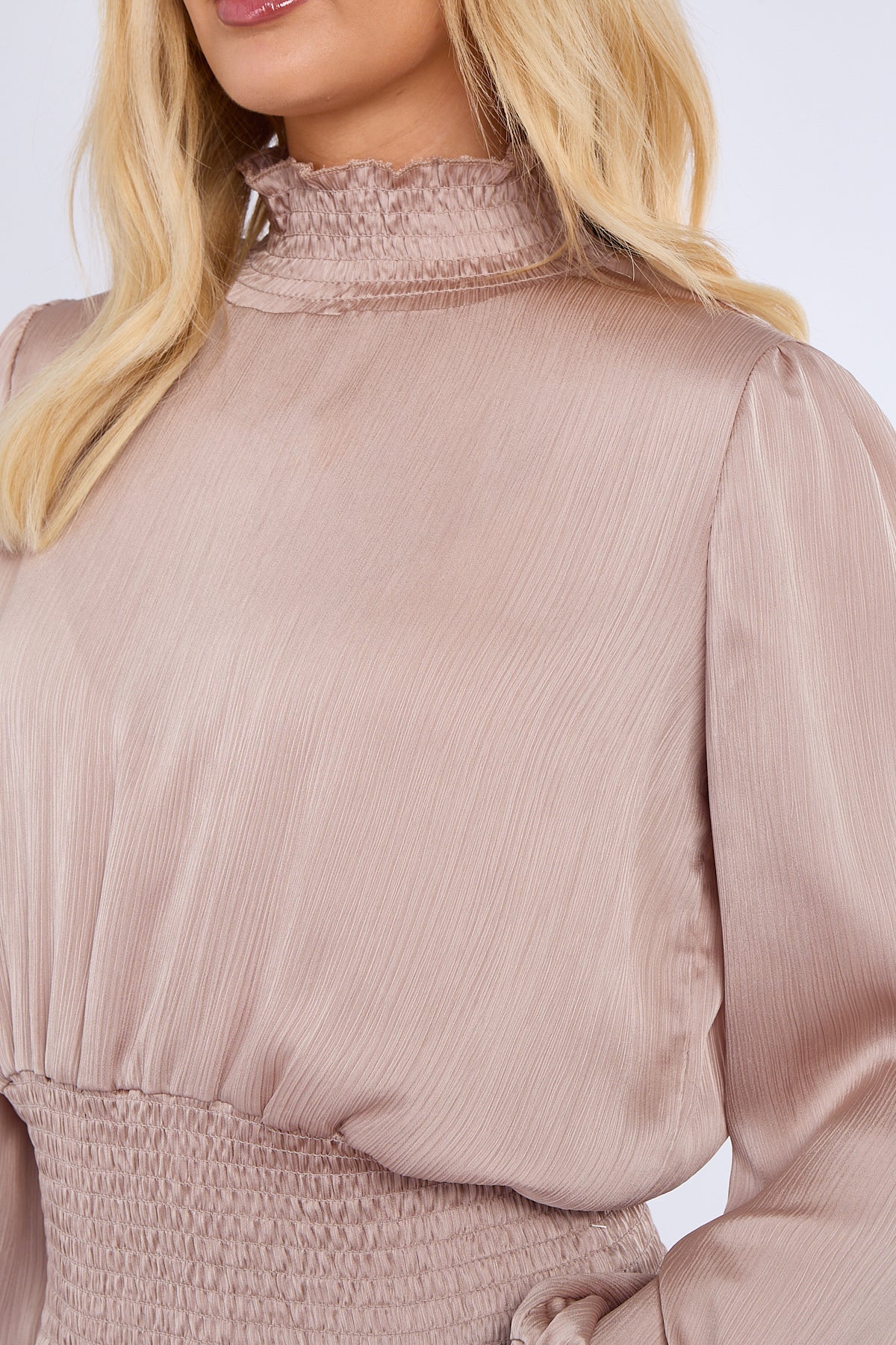 8Pcs Champagne Creased Satin Shirred Waist Cropped Top