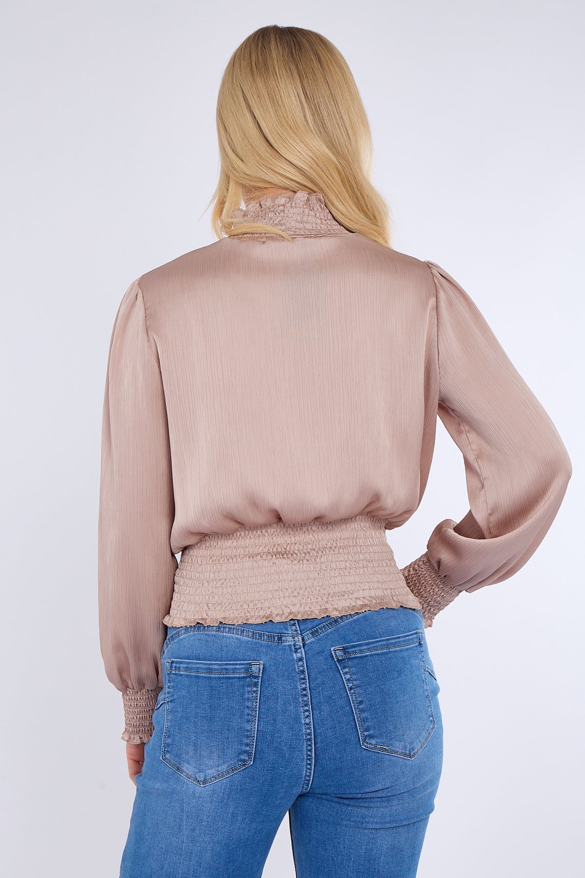 8Pcs Champagne Creased Satin Shirred Waist Cropped Top