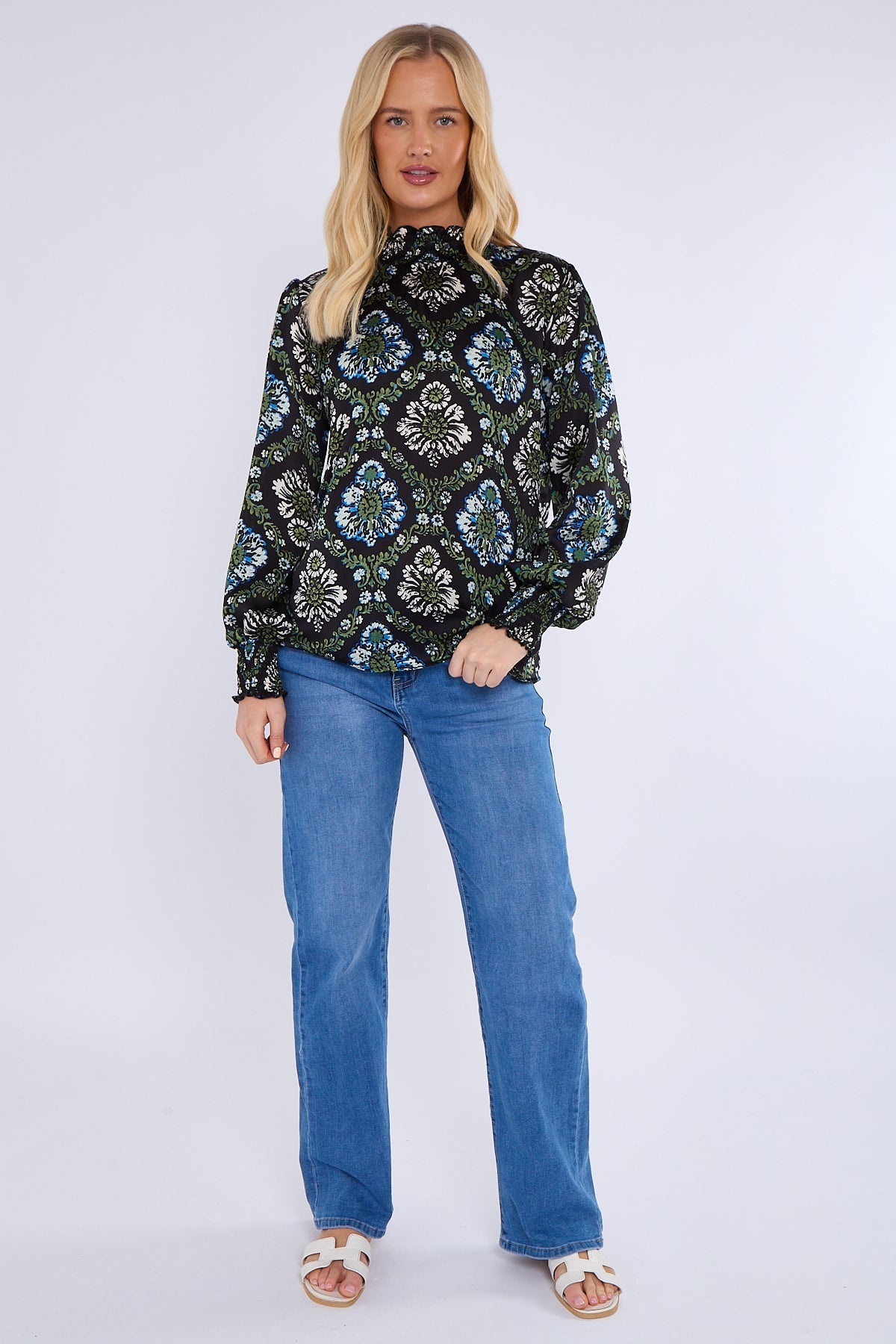 8Pcs Black Baroque Floral Print Shirred Waist Blouse