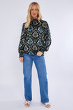 8Pcs Black Baroque Floral Print Shirred Waist Blouse