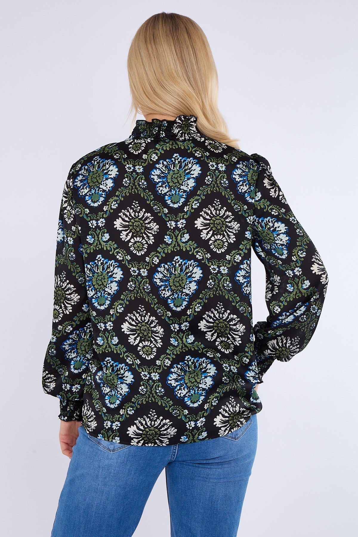 8Pcs Black Baroque Floral Print Shirred Waist Blouse