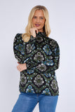 8Pcs Black Baroque Floral Print Shirred Waist Blouse