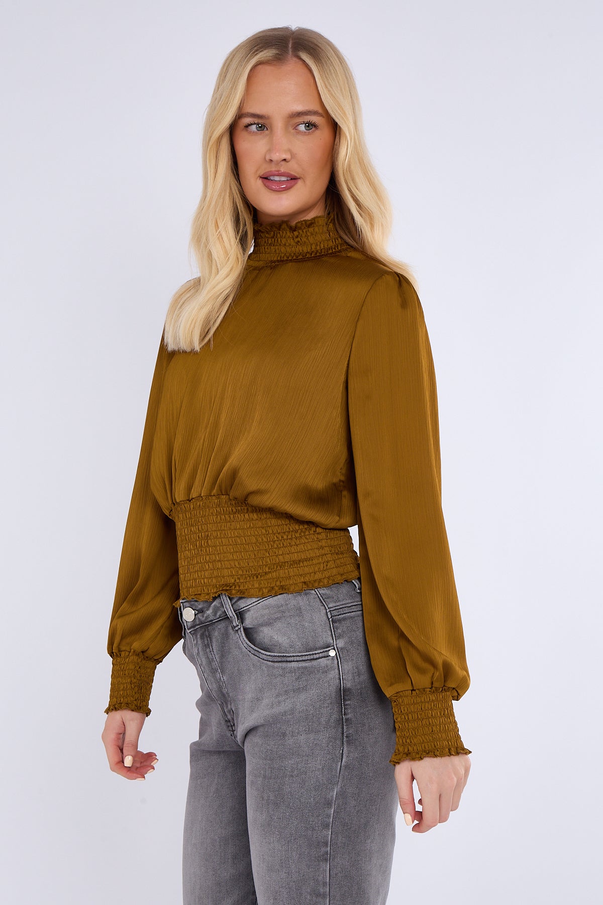 8Pcs Mustard Creased Satin Shirred Waist Cropped Top