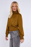8Pcs Mustard Creased Satin Shirred Waist Cropped Top