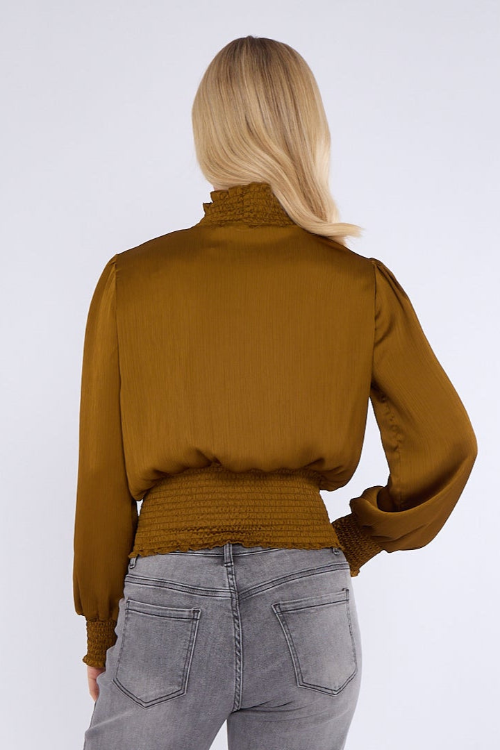 8Pcs Mustard Creased Satin Shirred Waist Cropped Top