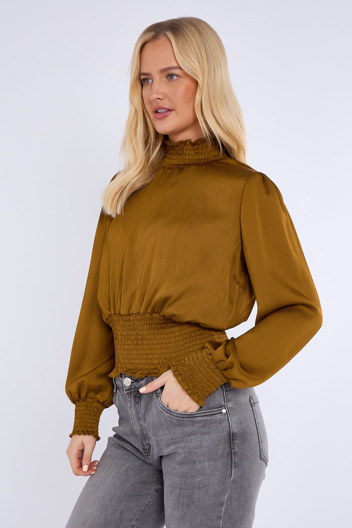 8Pcs Mustard Creased Satin Shirred Waist Cropped Top