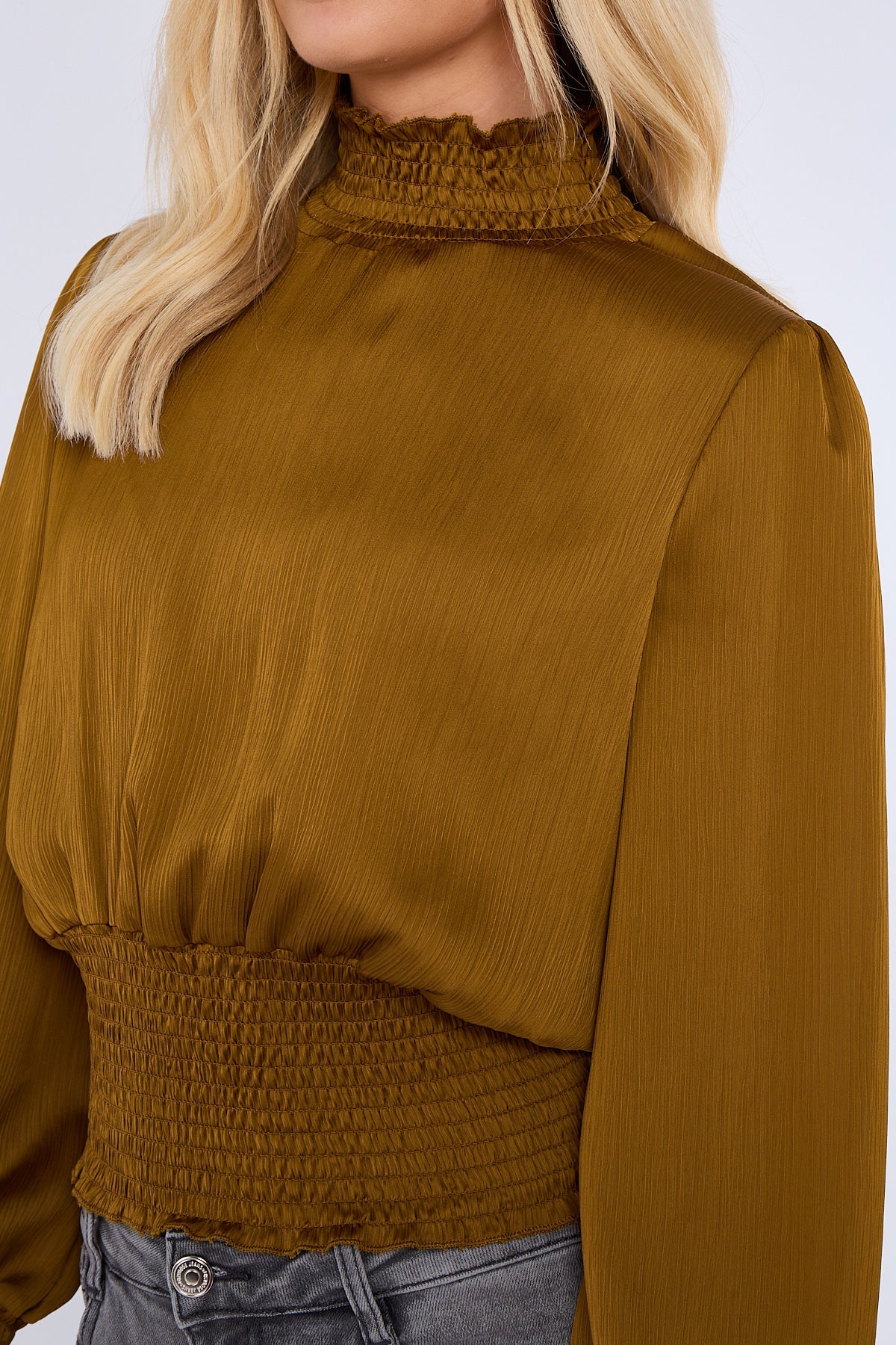 8Pcs Mustard Creased Satin Shirred Waist Cropped Top