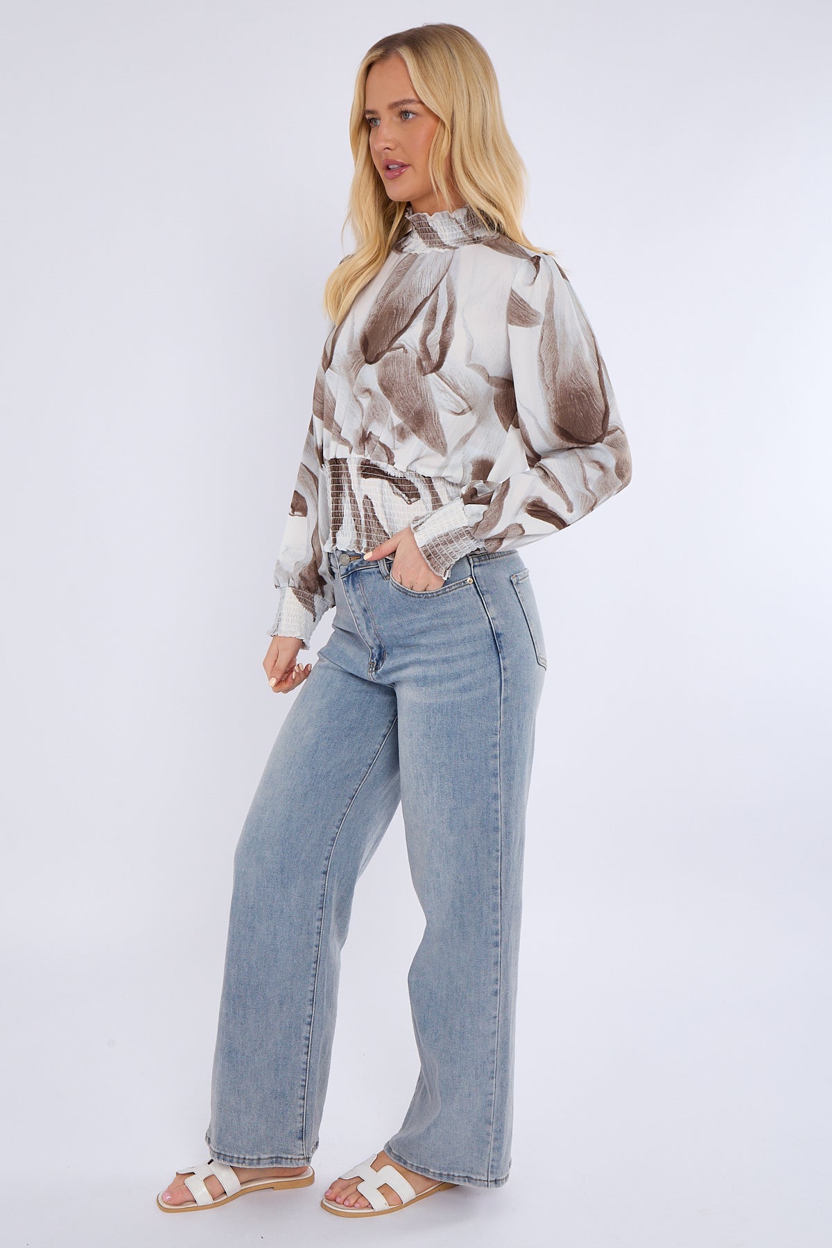 8Pcs Grey Abstract Print Shirred Waist Cropped Top
