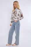 8Pcs Grey Abstract Print Shirred Waist Cropped Top