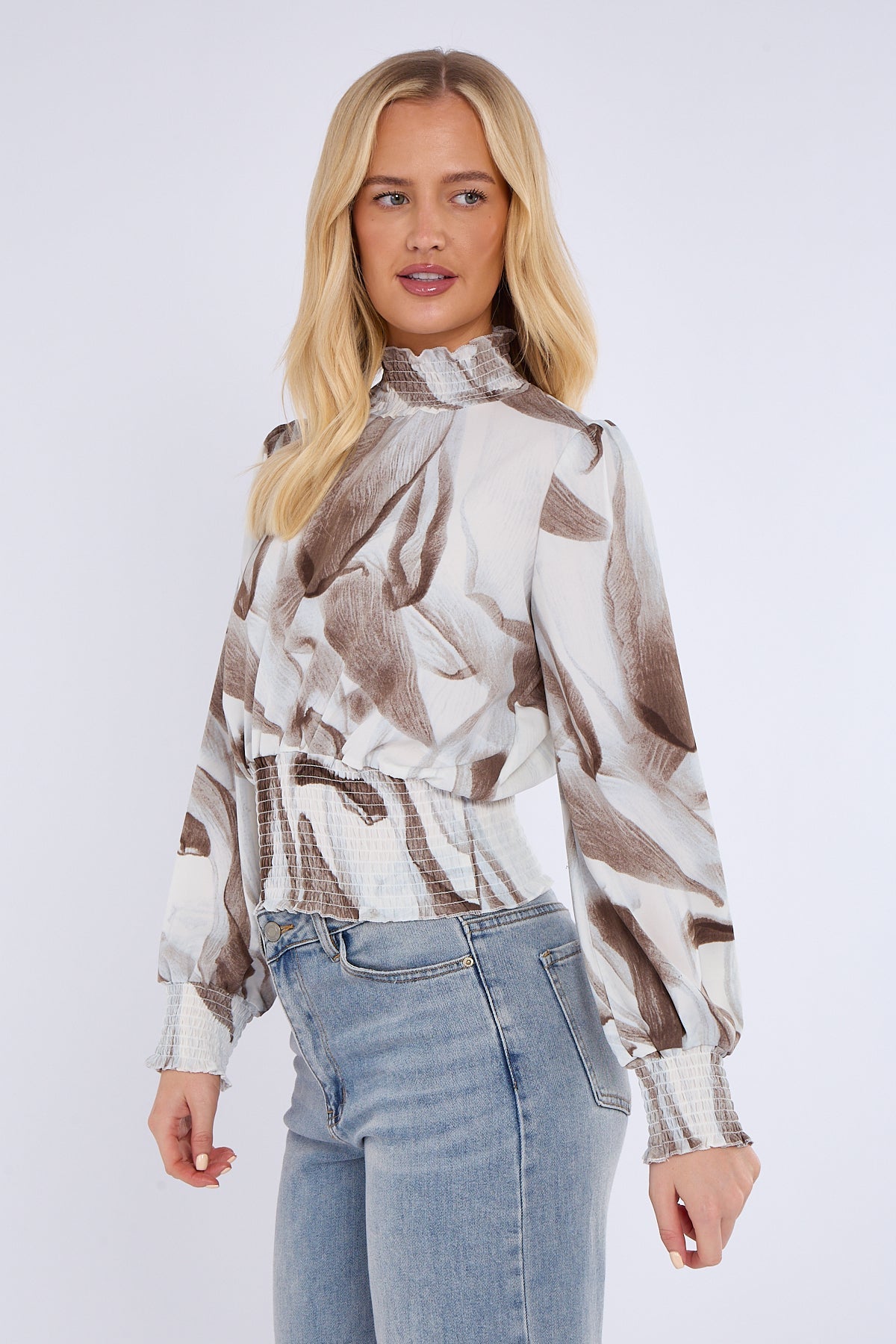 8Pcs Grey Abstract Print Shirred Waist Cropped Top