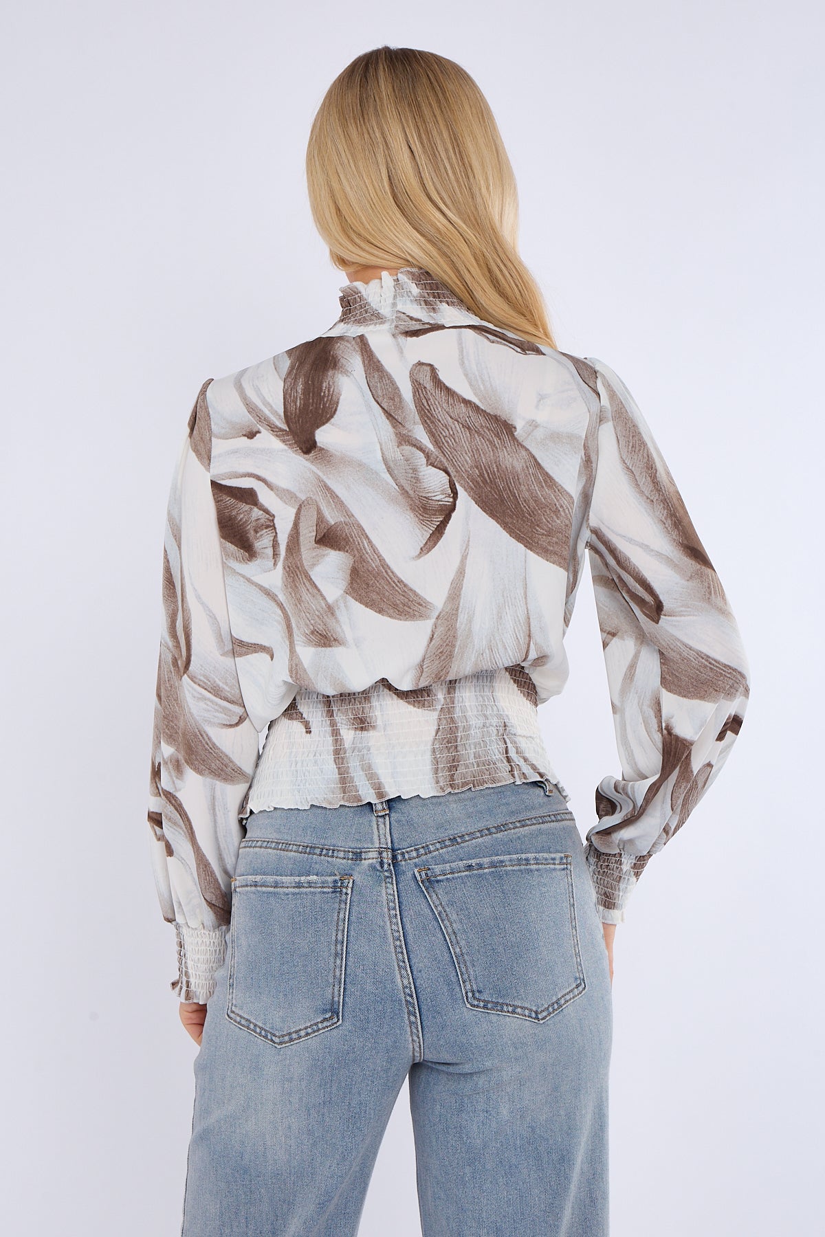8Pcs Grey Abstract Print Shirred Waist Cropped Top
