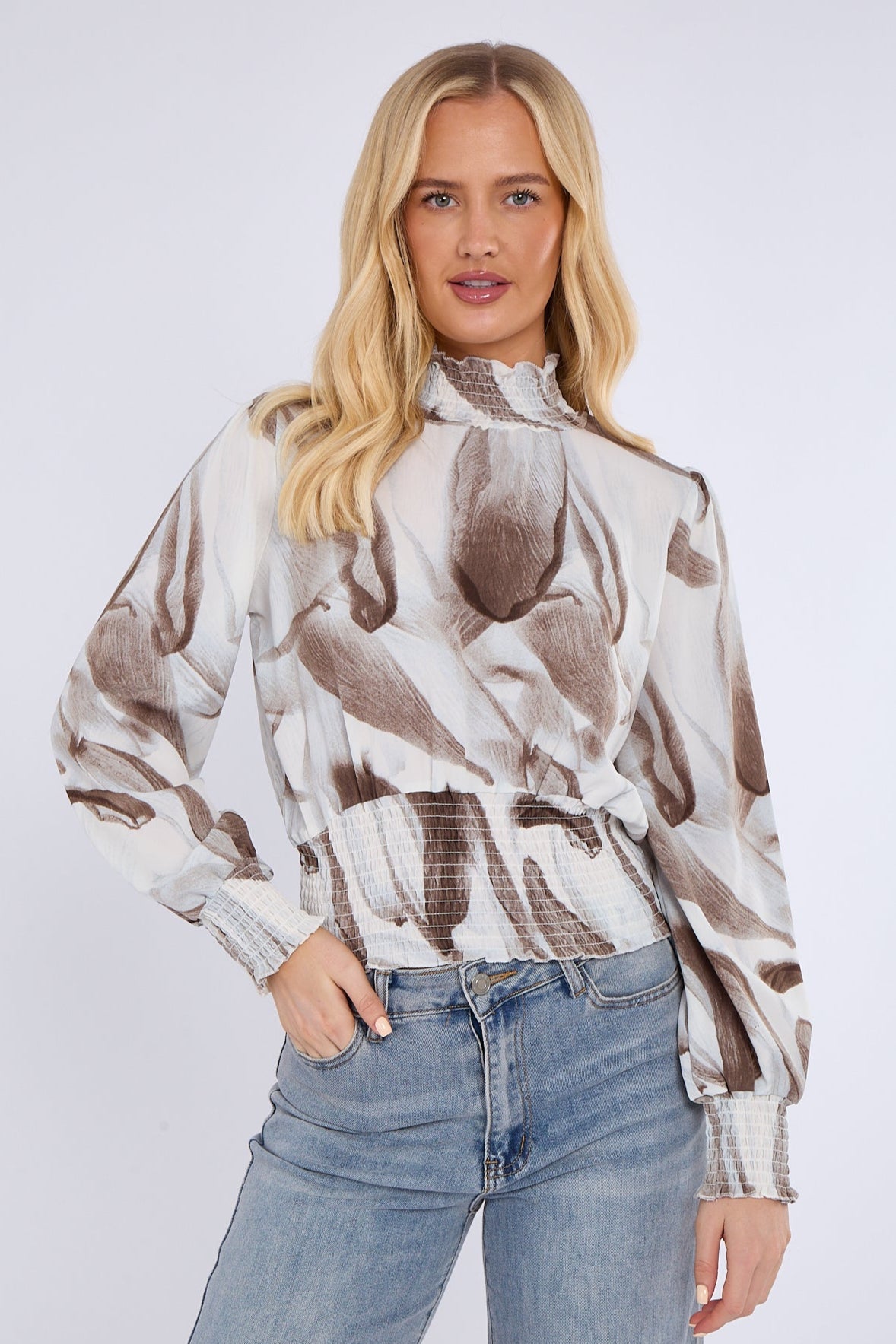 8Pcs Grey Abstract Print Shirred Waist Cropped Top