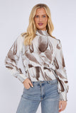 8Pcs Grey Abstract Print Shirred Waist Cropped Top