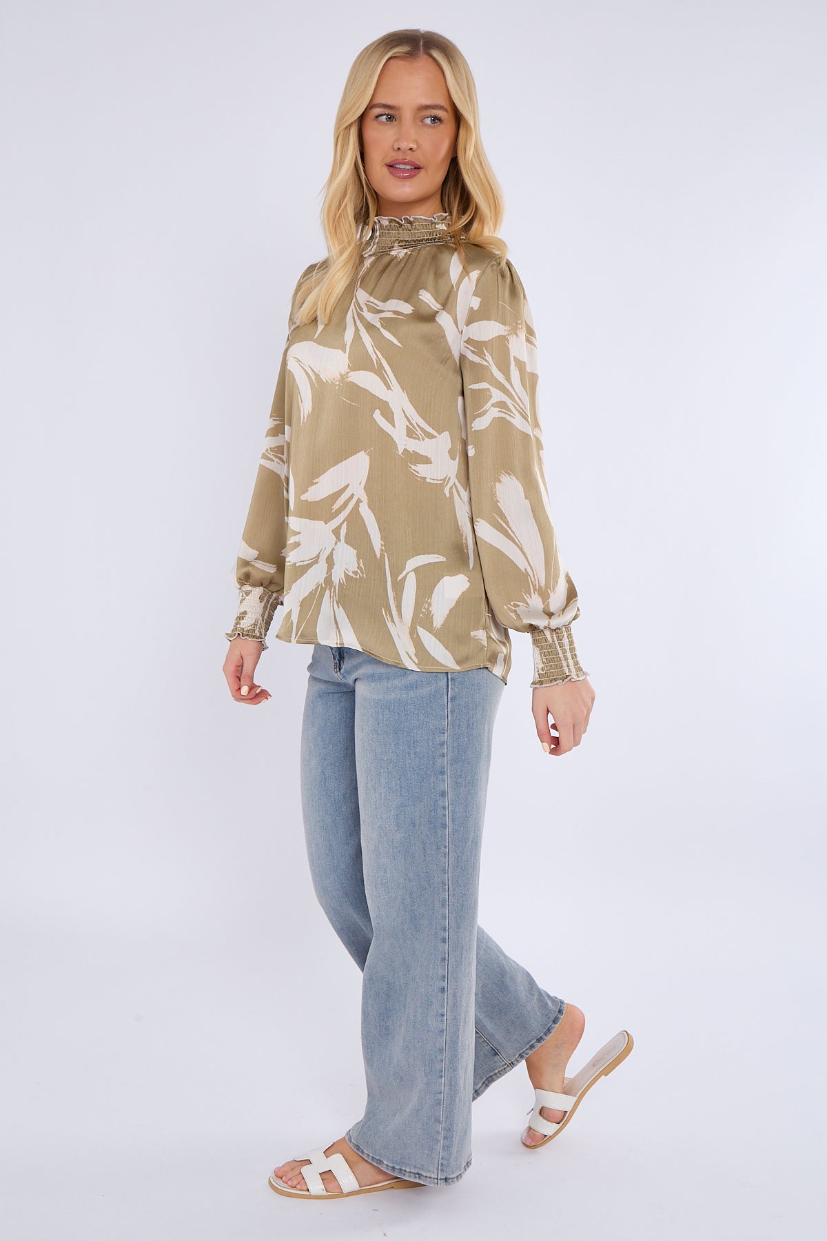 8Pcs Olive Abstract Brushstroke Shirred Cuff Blouse