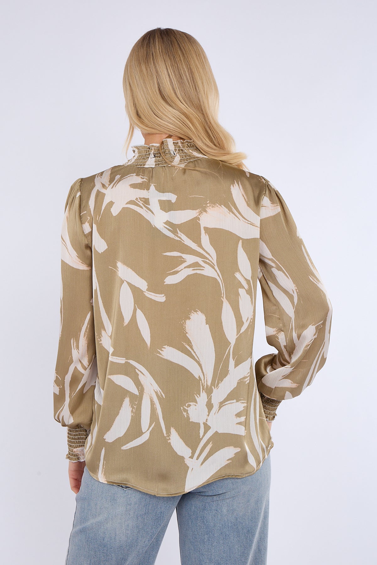 8Pcs Olive Abstract Brushstroke Shirred Cuff Blouse