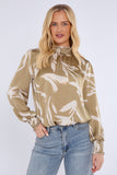 8Pcs Olive Abstract Brushstroke Shirred Cuff Blouse