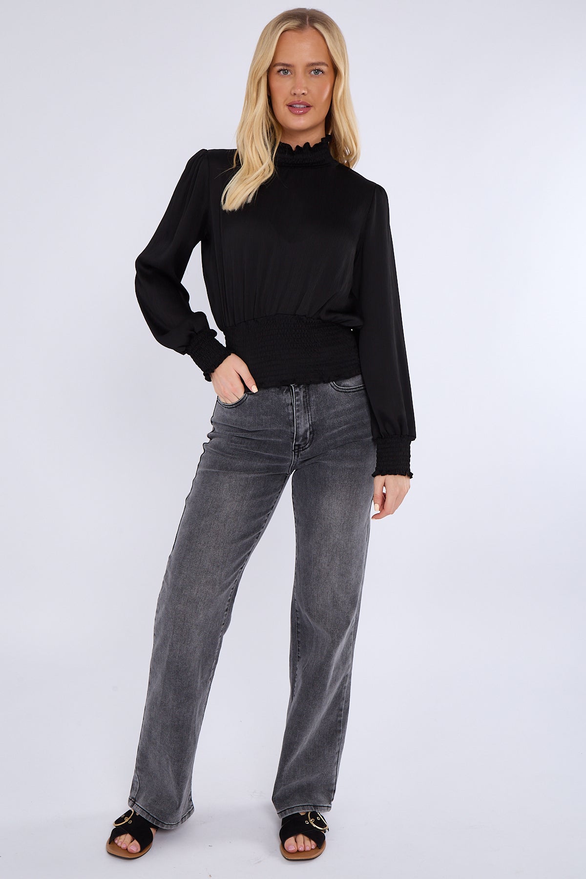 8Pcs Black Creased Satin Shirred Waist Cropped Top