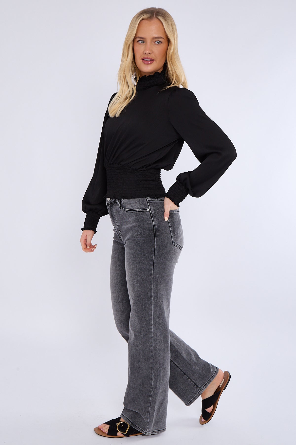 8Pcs Black Creased Satin Shirred Waist Cropped Top