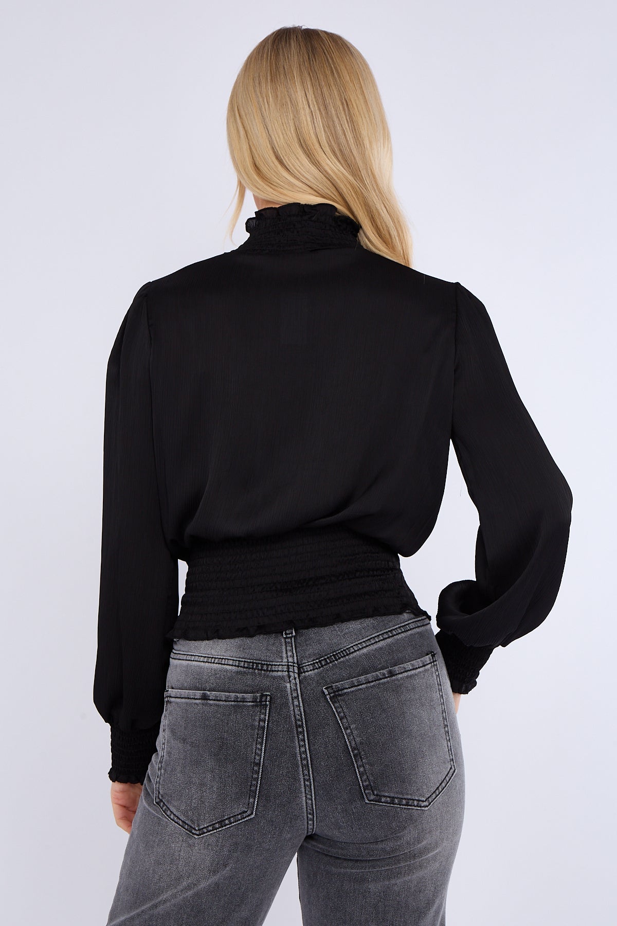 8Pcs Black Creased Satin Shirred Waist Cropped Top