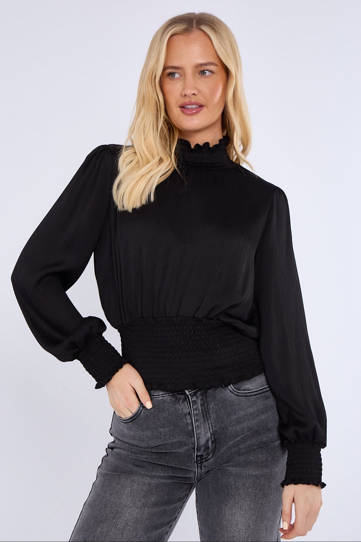 8Pcs Black Creased Satin Shirred Waist Cropped Top
