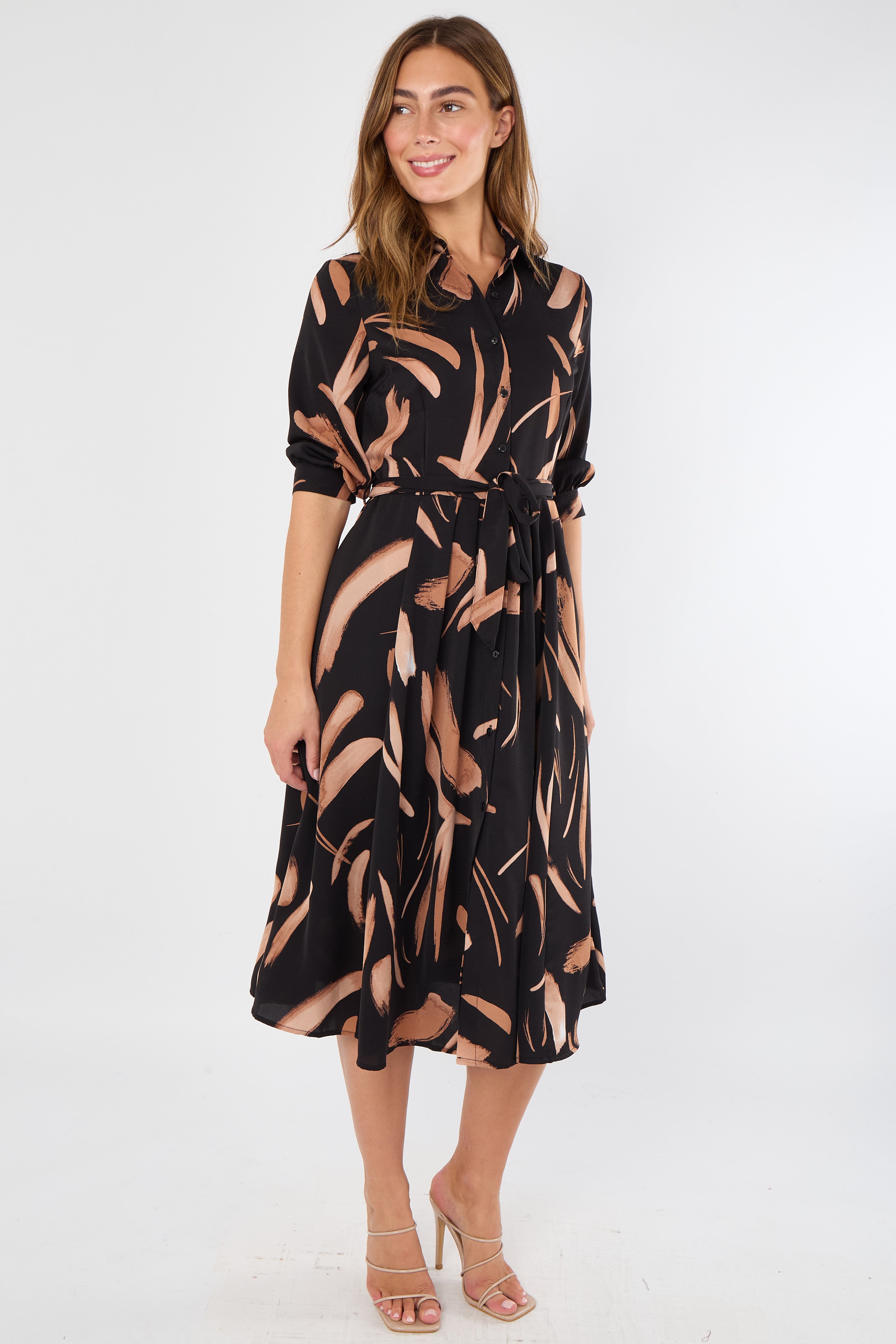 8Pcs Black and Copper Painterly Print Midi Shirt Dress