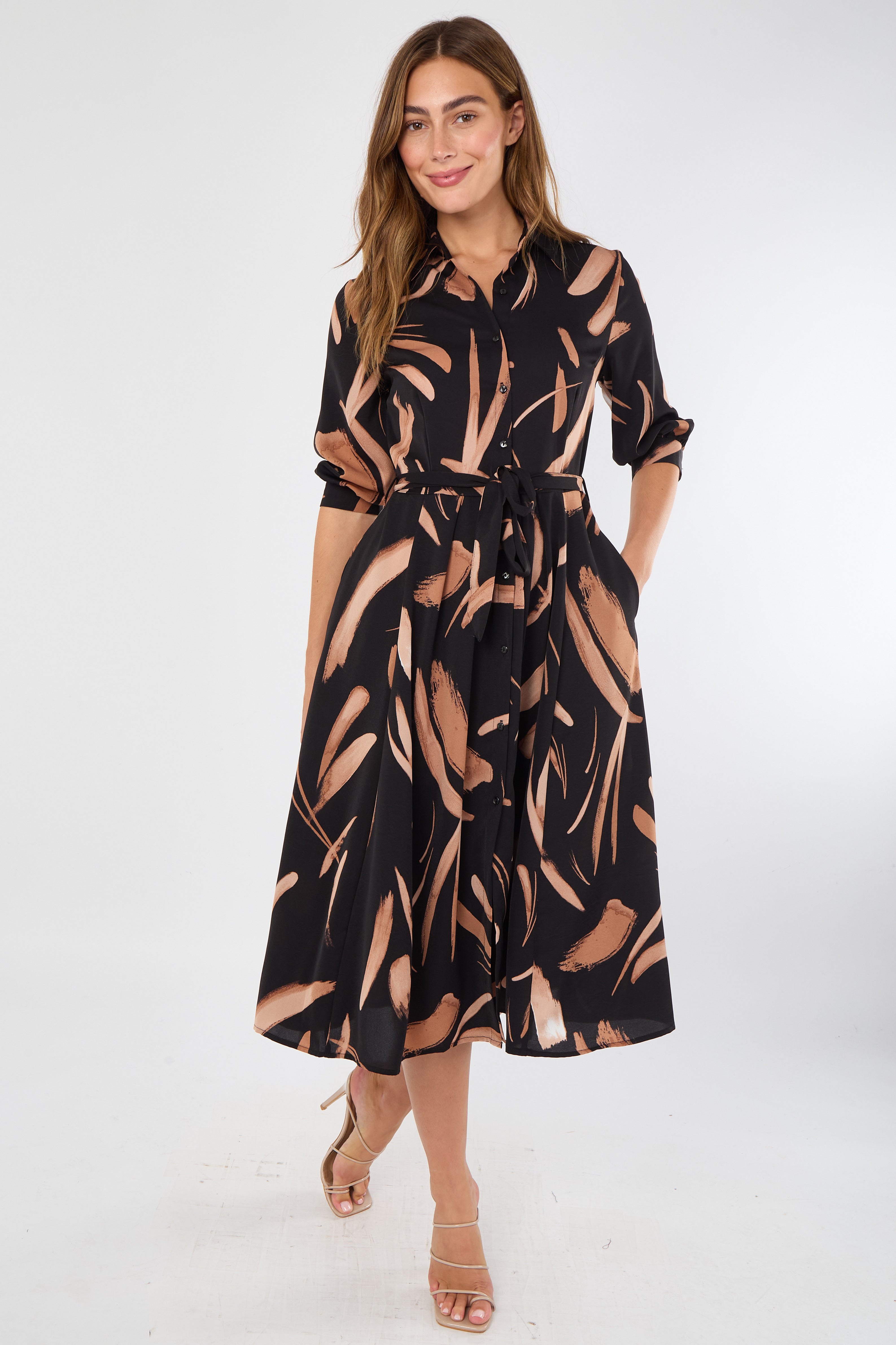 8Pcs Black and Copper Painterly Print Midi Shirt Dress