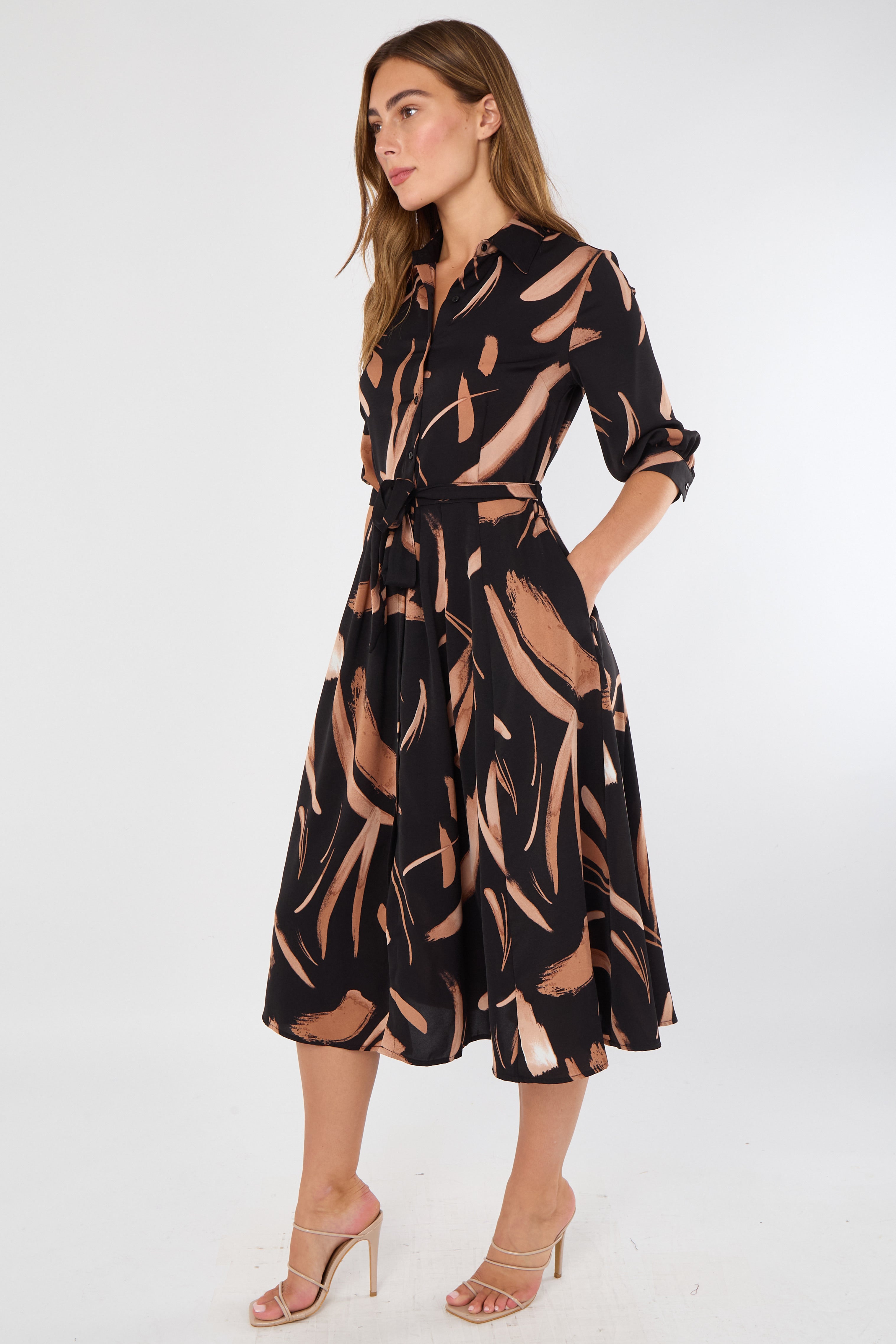 8Pcs Black and Copper Painterly Print Midi Shirt Dress