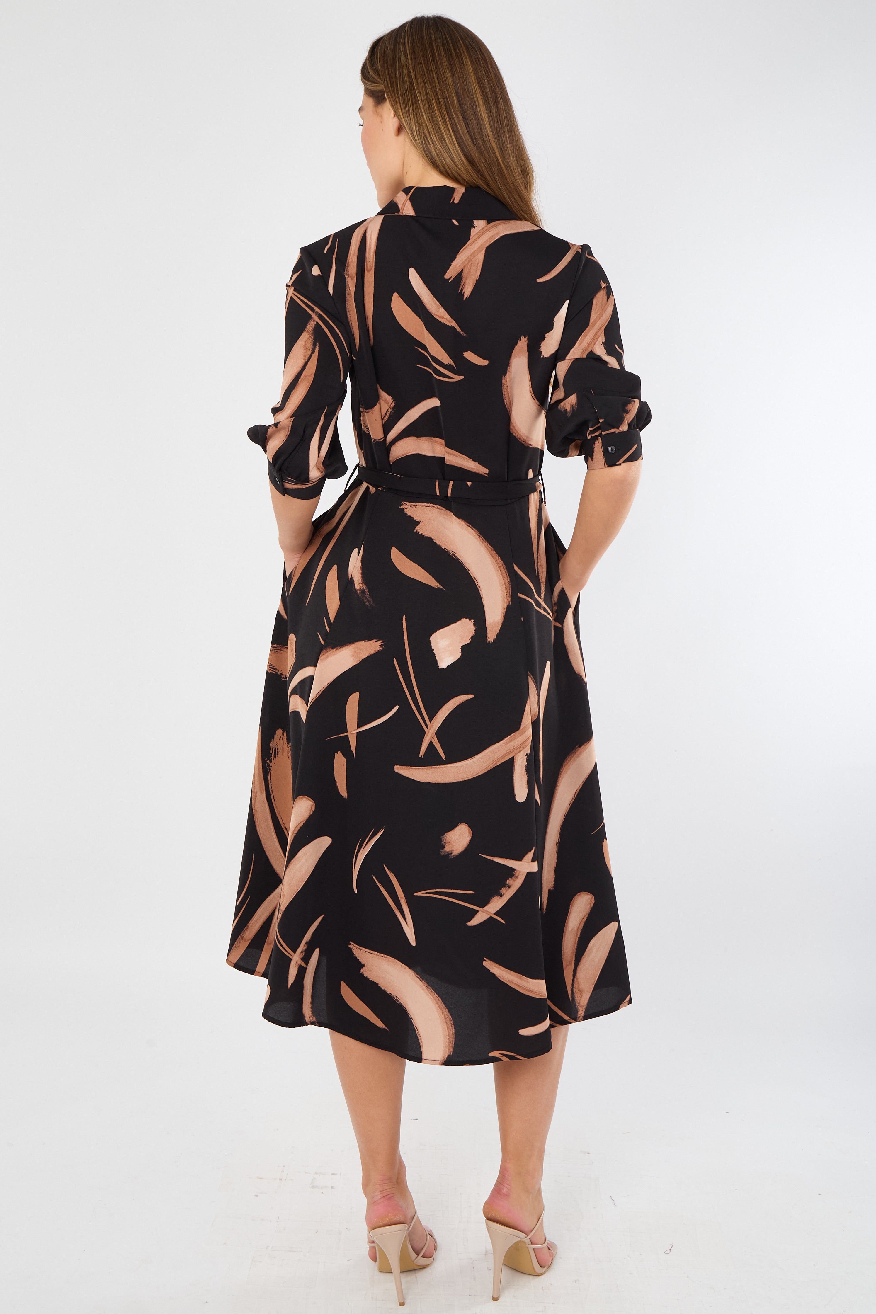 8Pcs Black and Copper Painterly Print Midi Shirt Dress