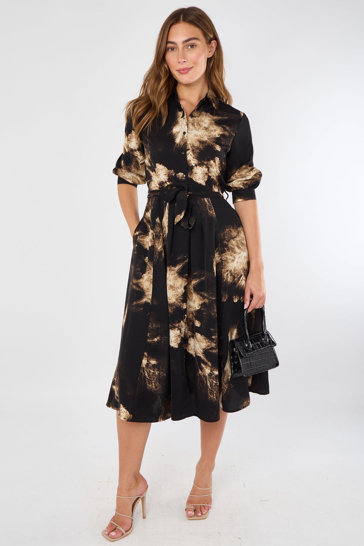 8Pcs Black and Caramel Tie-Dye Effect Midi Shirt Dress