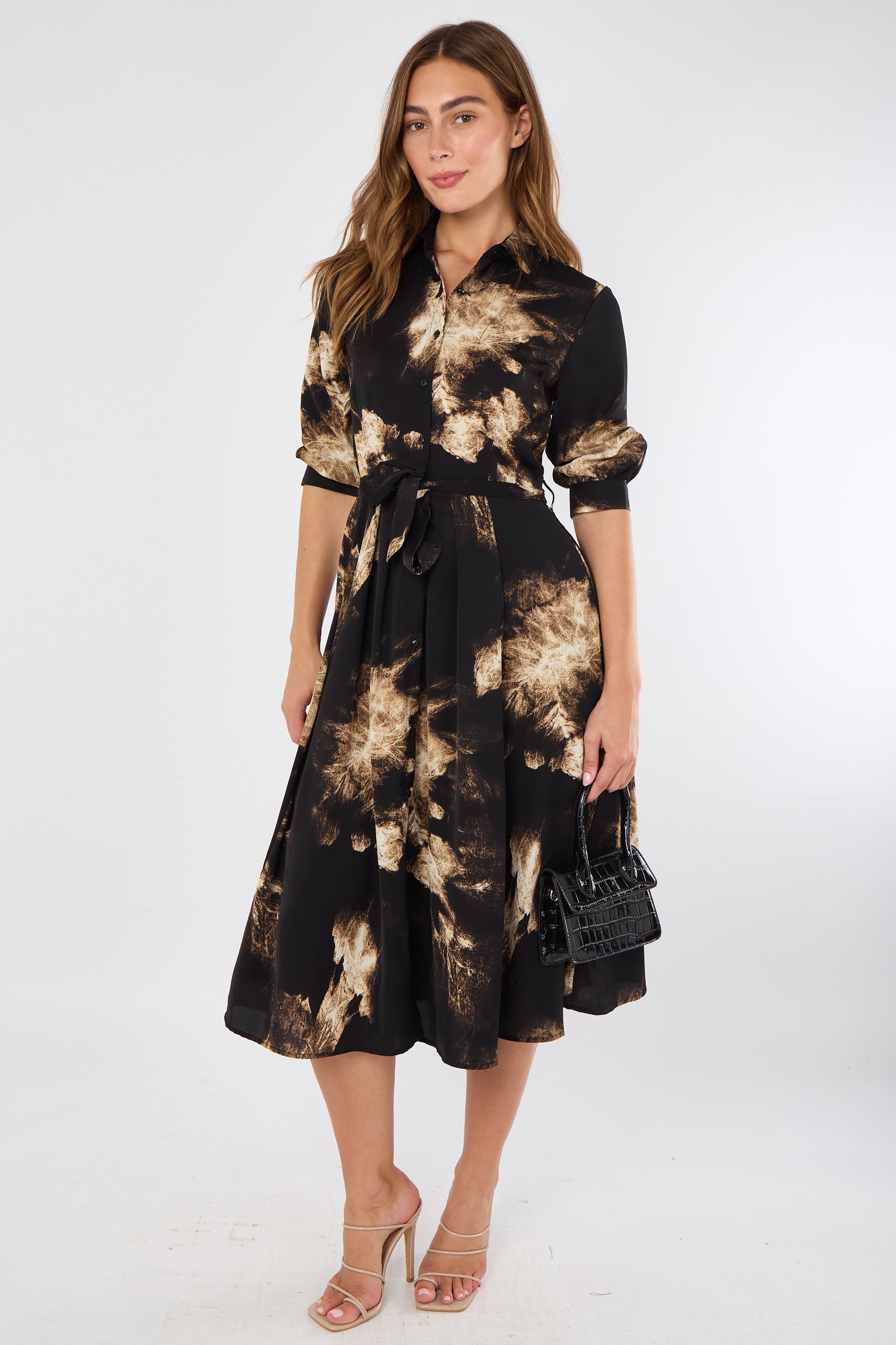 8Pcs Black and Caramel Tie-Dye Effect Midi Shirt Dress