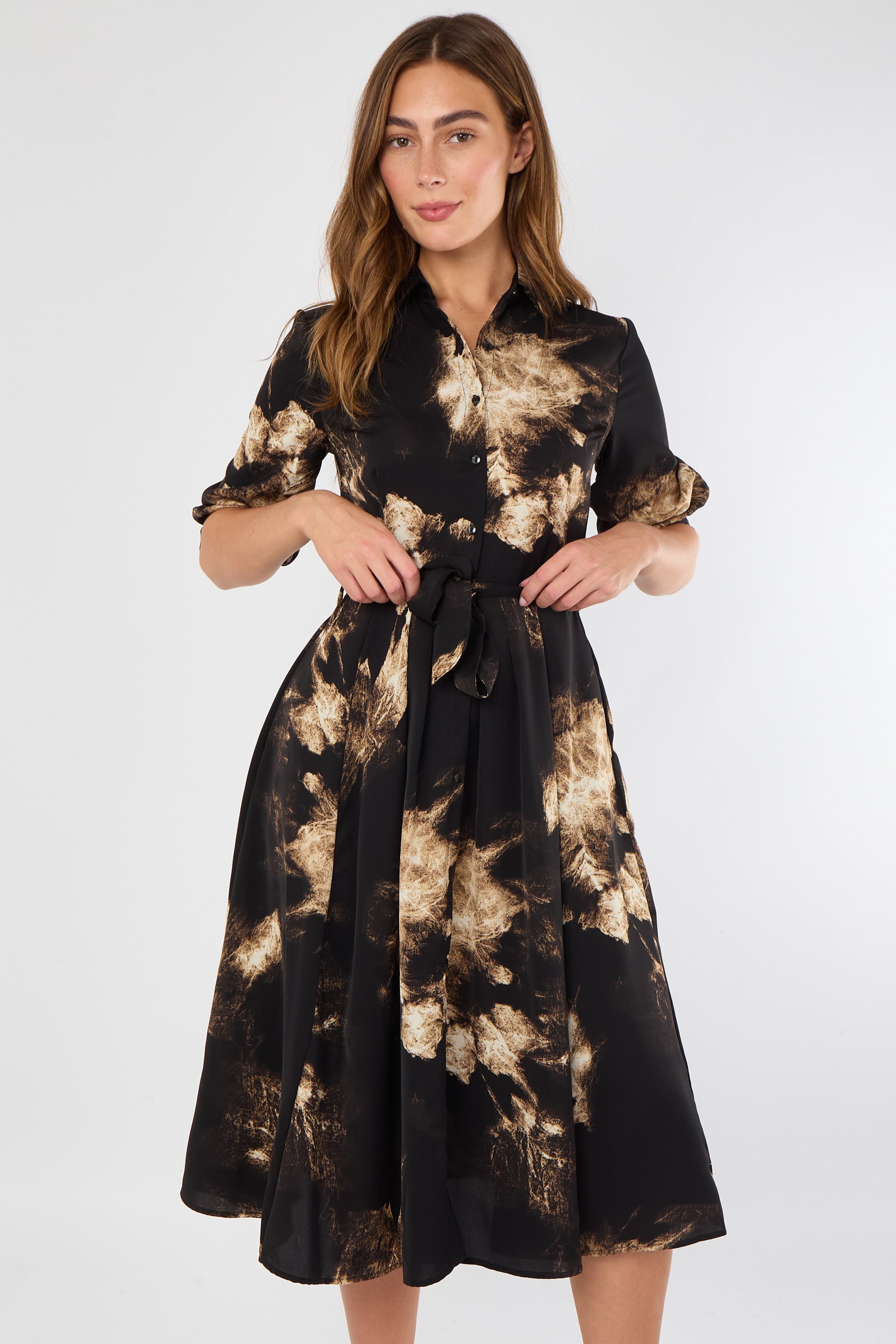 8Pcs Black and Caramel Tie-Dye Effect Midi Shirt Dress