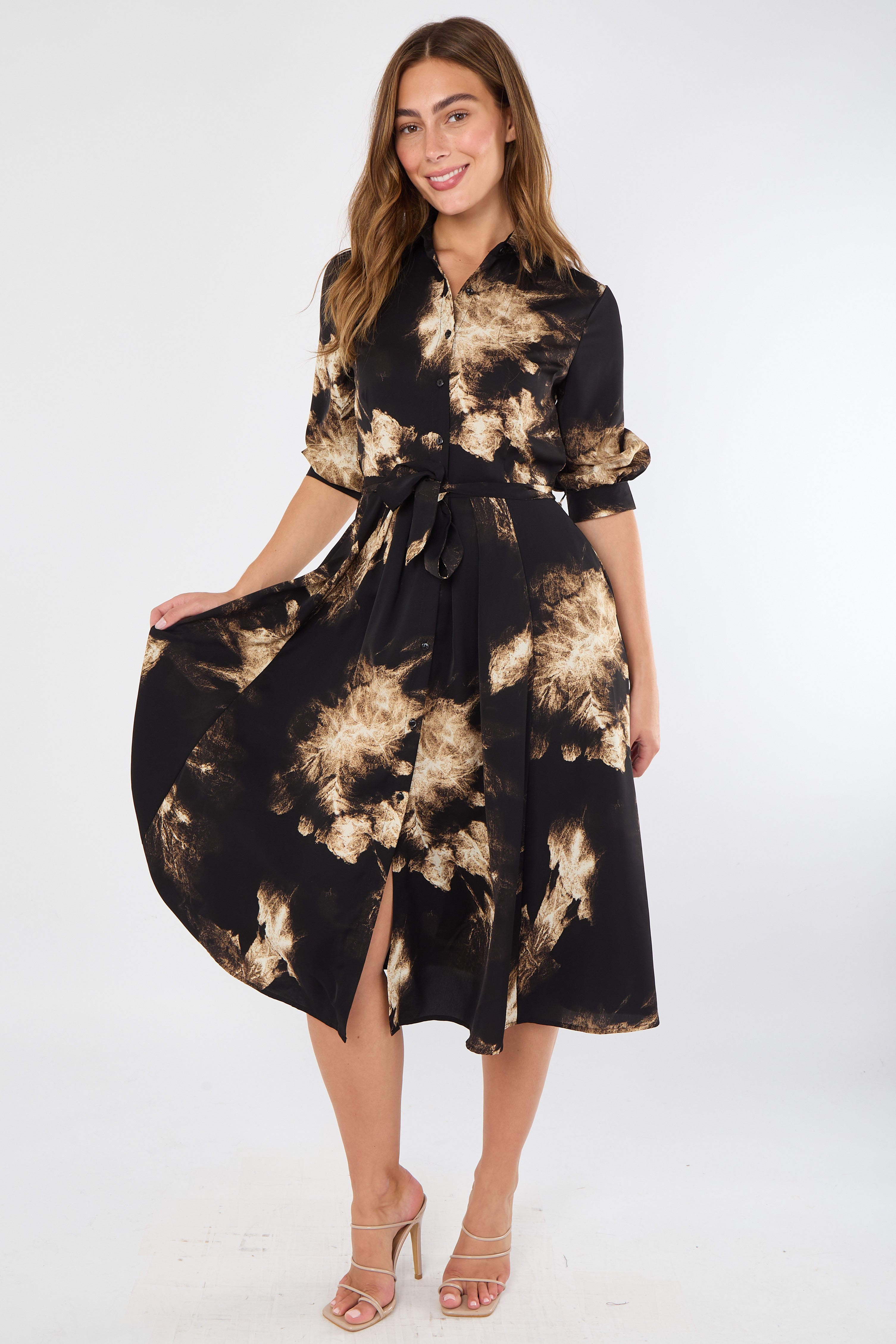 8Pcs Black and Caramel Tie-Dye Effect Midi Shirt Dress
