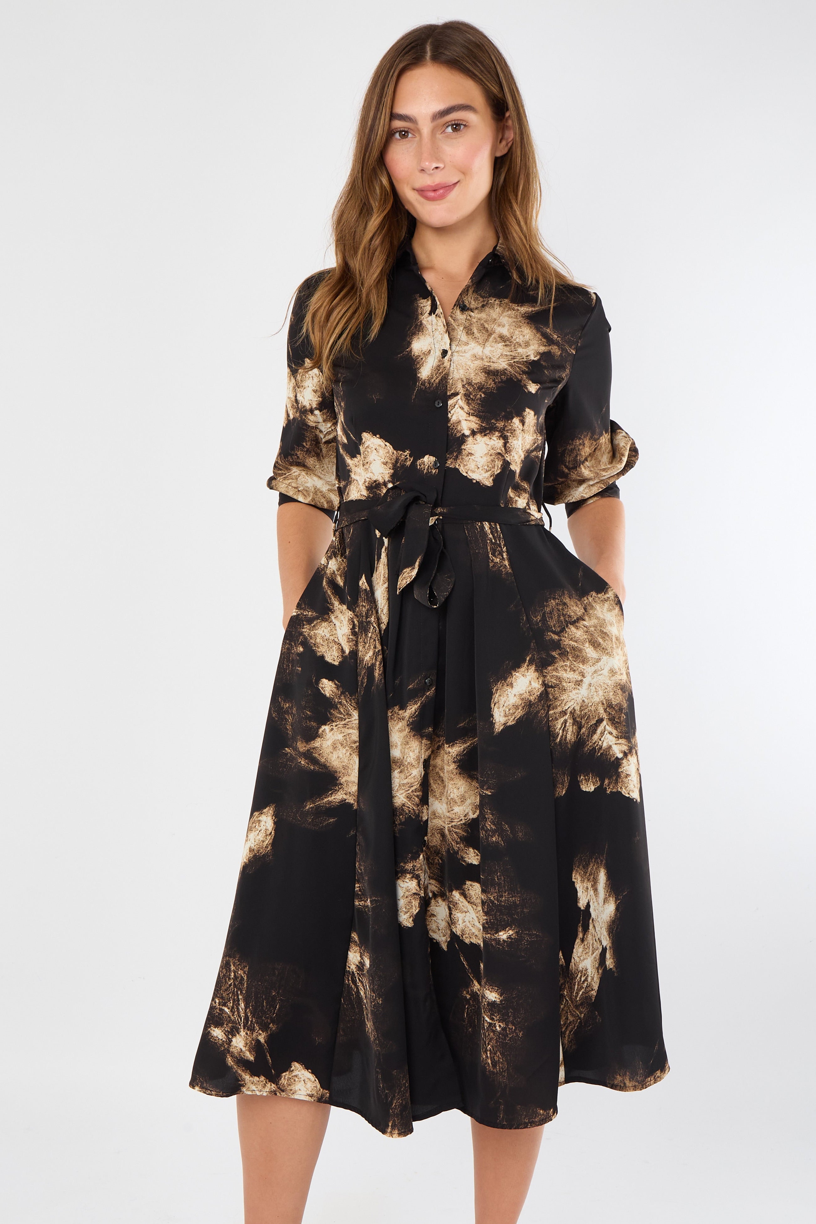 8Pcs Black and Caramel Tie-Dye Effect Midi Shirt Dress