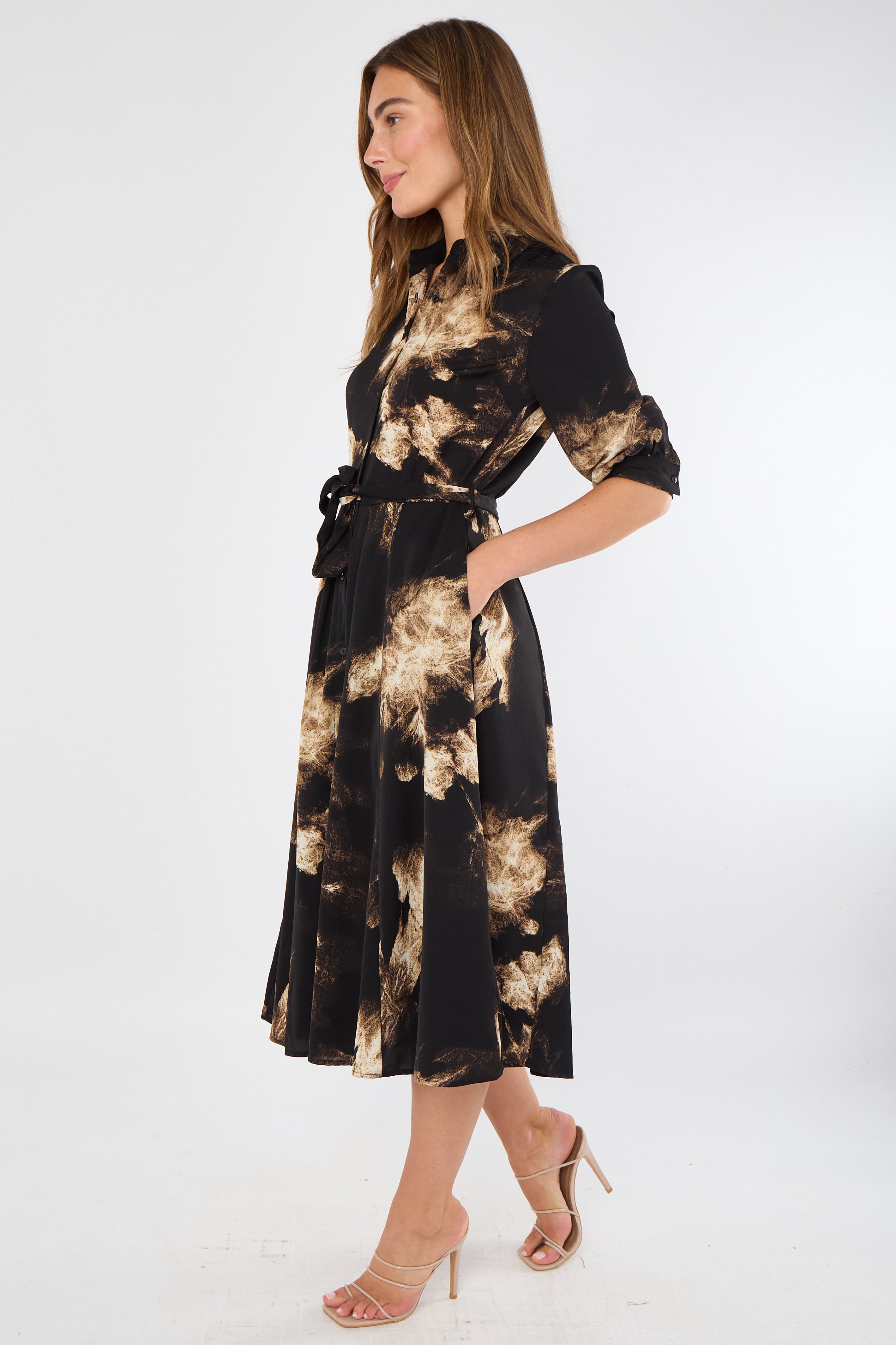 8Pcs Black and Caramel Tie-Dye Effect Midi Shirt Dress