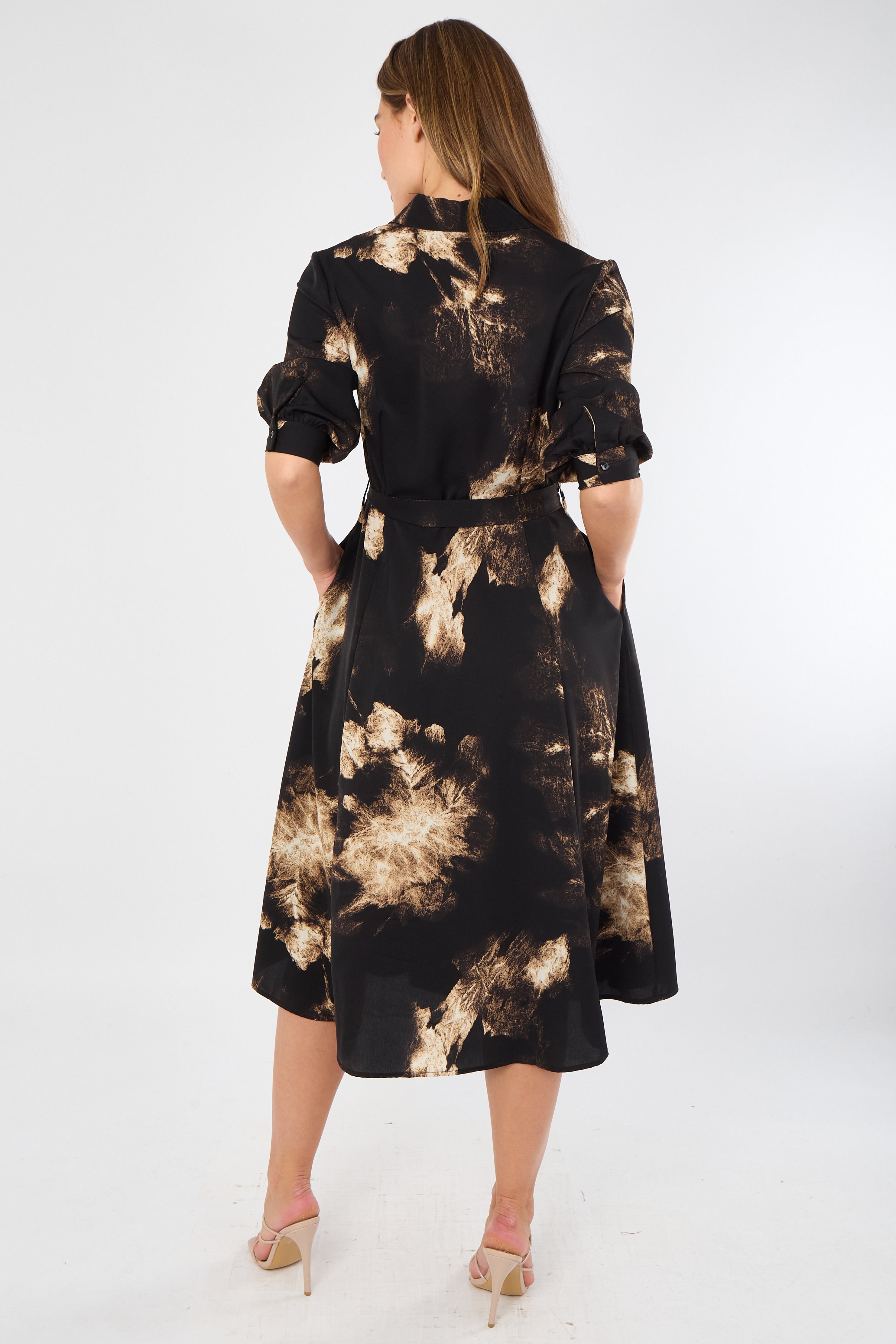8Pcs Black and Caramel Tie-Dye Effect Midi Shirt Dress