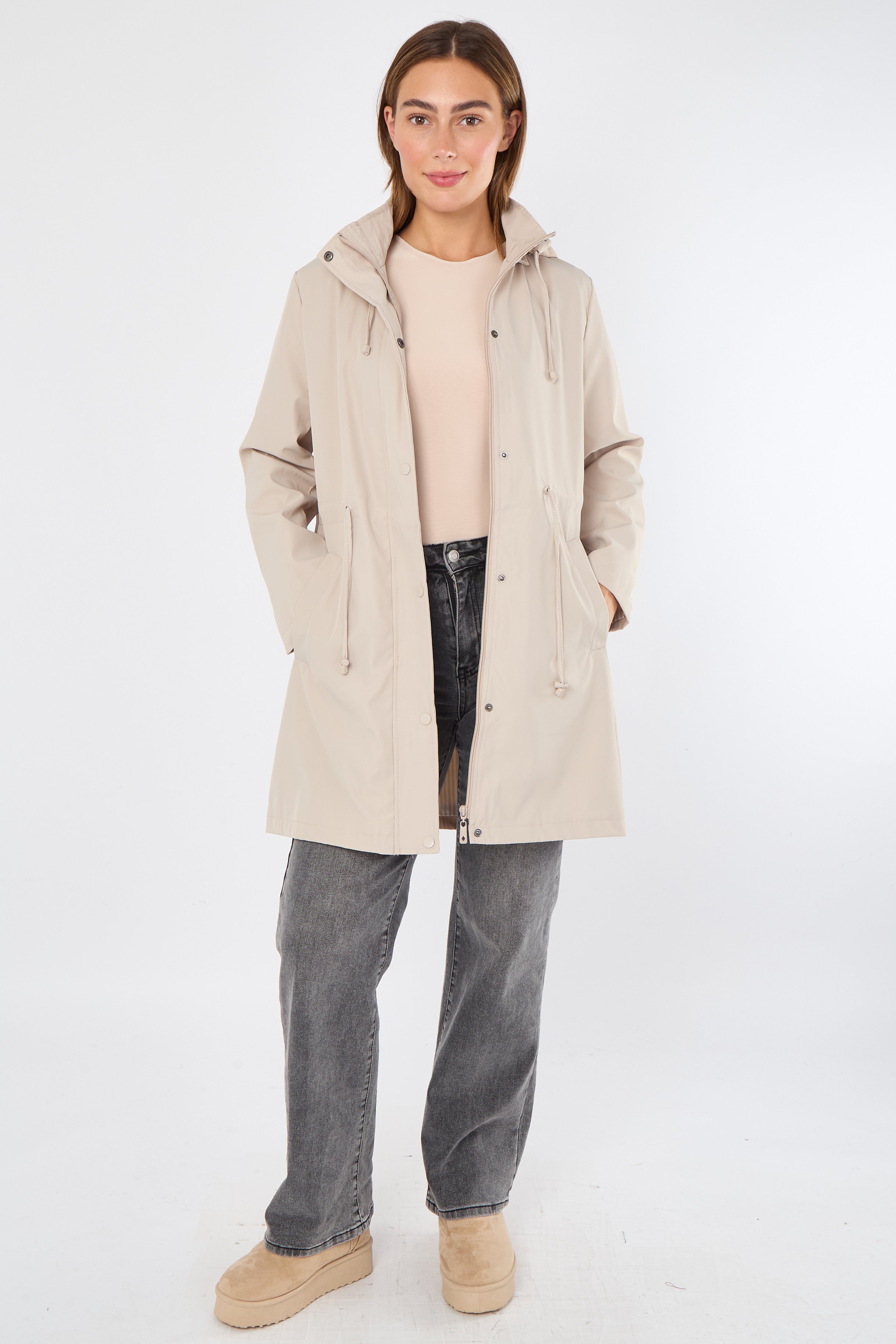 5Pcs Beige Hooded Drawstring Parka