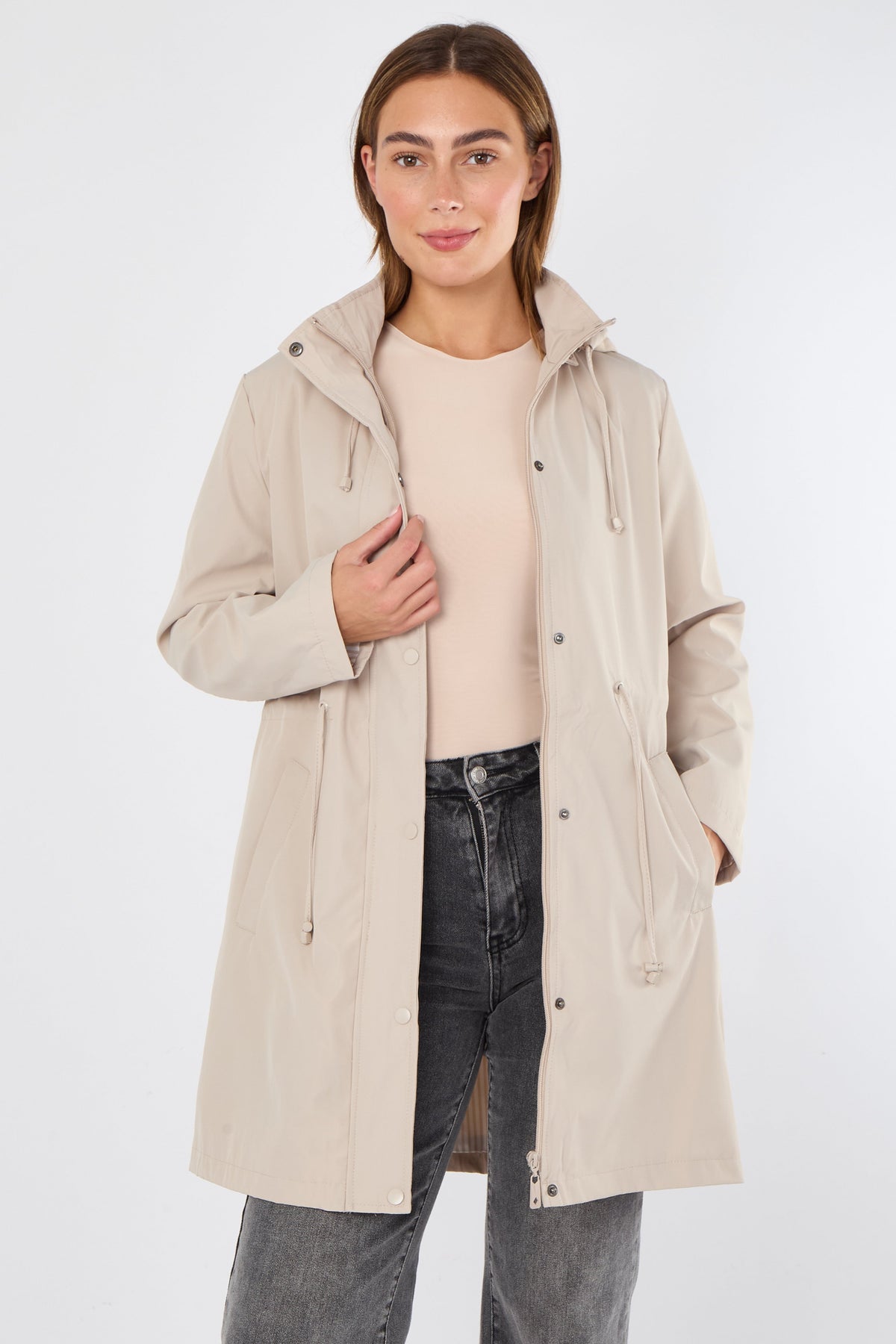 5Pcs Beige Hooded Drawstring Parka