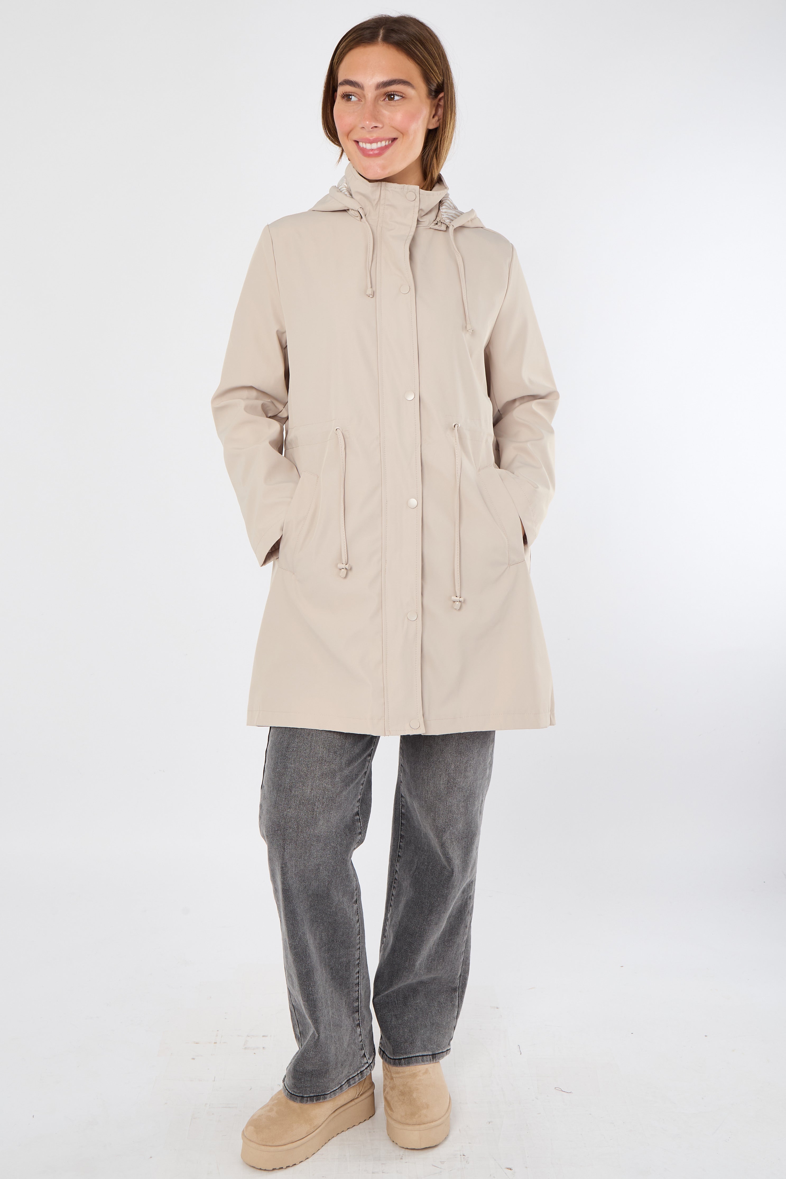 5Pcs Beige Hooded Drawstring Parka