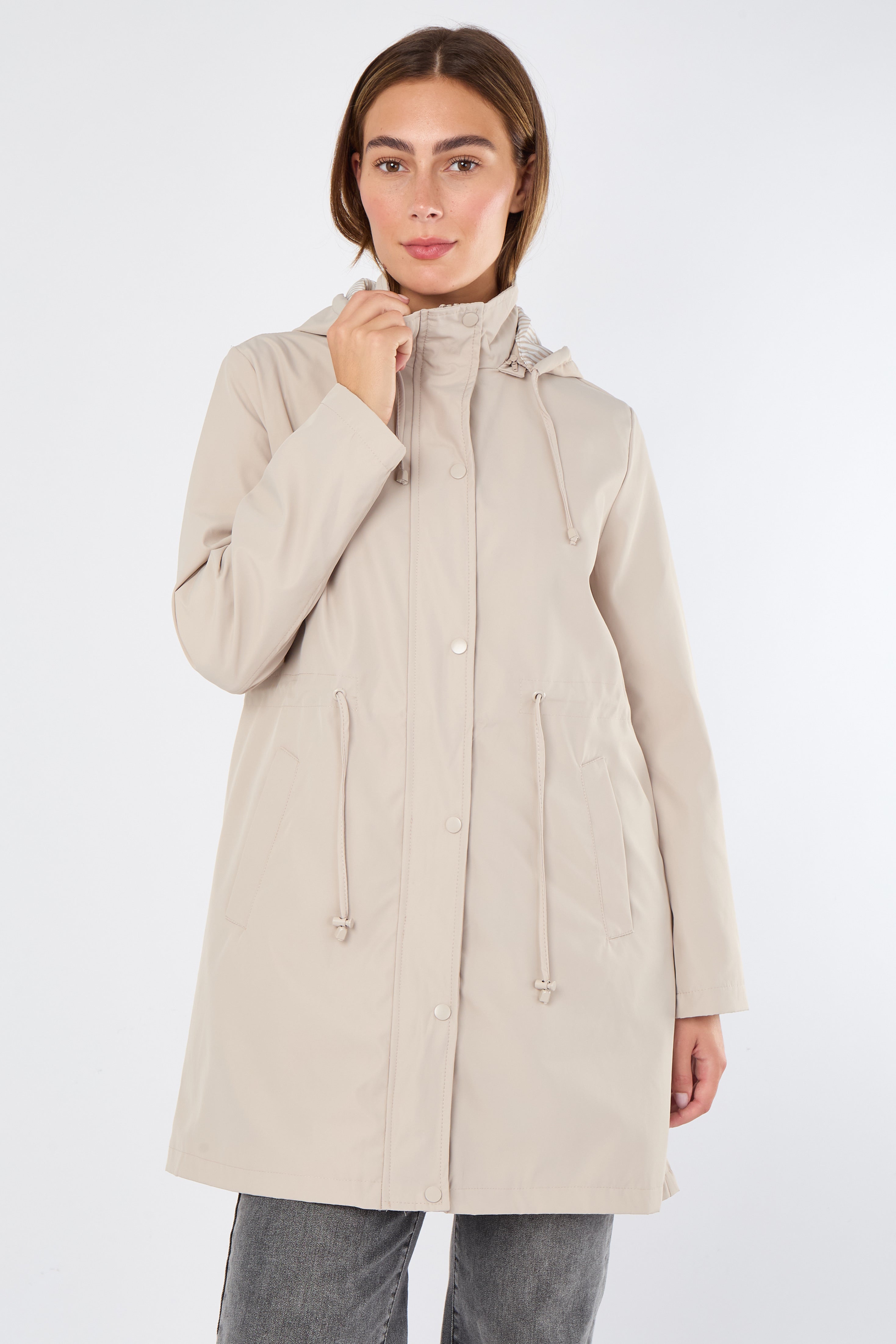5Pcs Beige Hooded Drawstring Parka