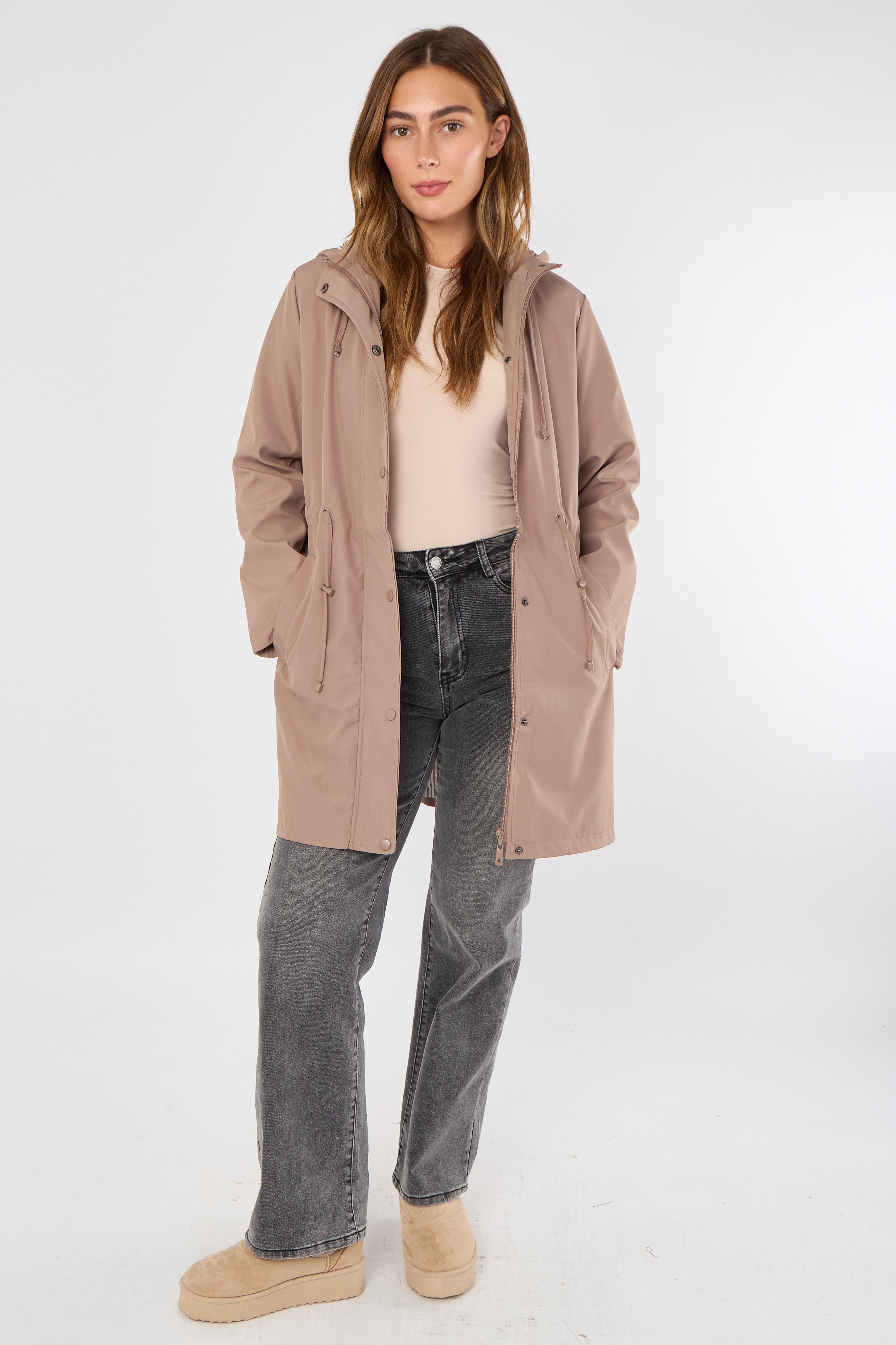 5Pcs Taupe Hooded Drawstring Parka