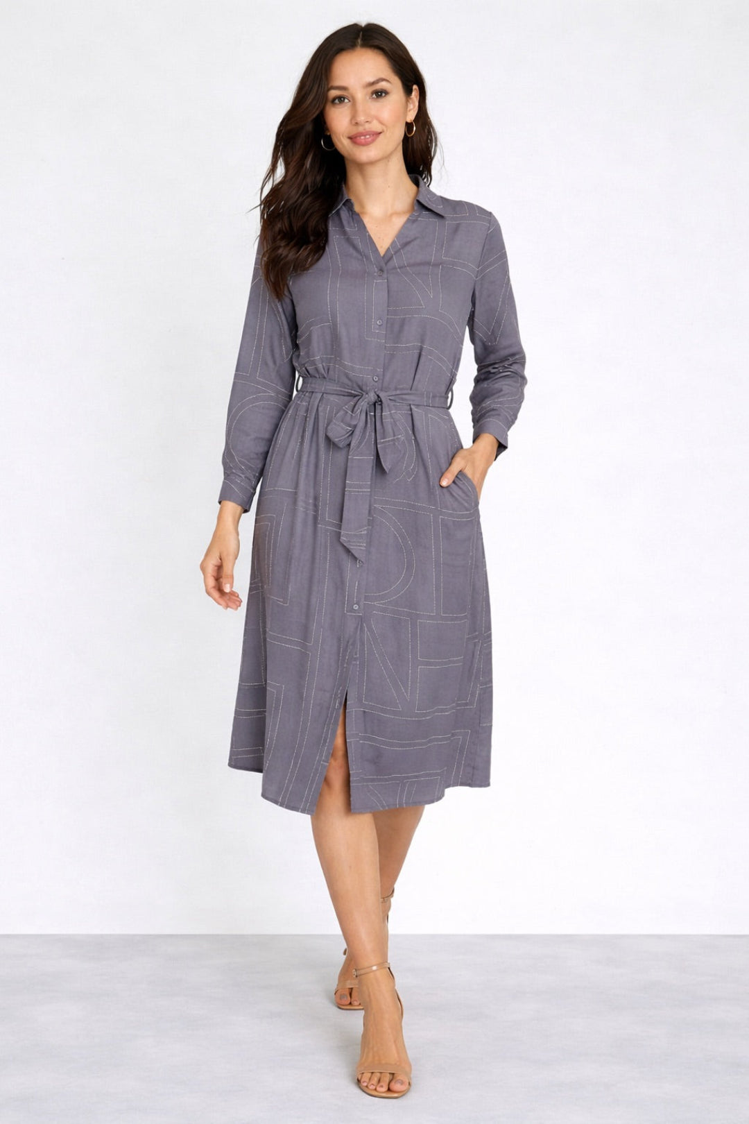 8Pcs Grey Modern Line Print Belted Shirt Dress