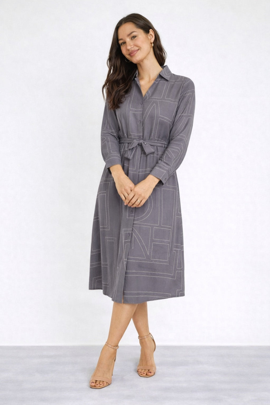 8Pcs Grey Modern Line Print Belted Shirt Dress