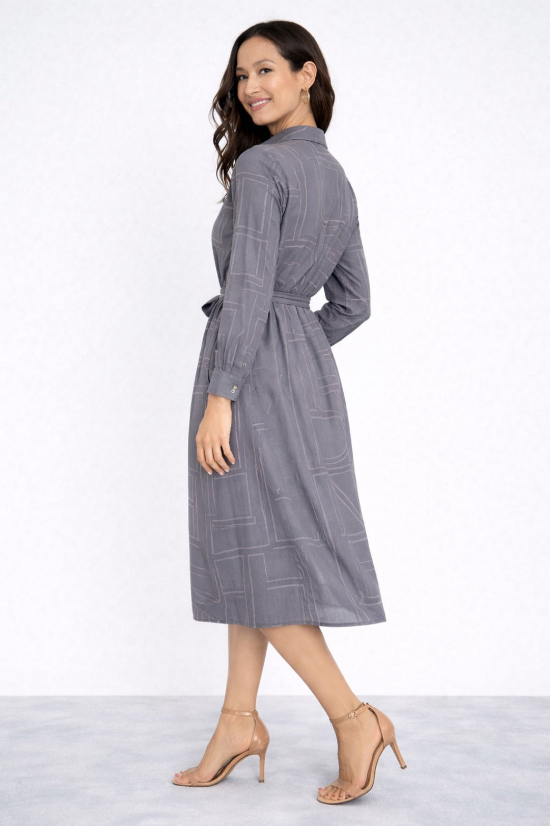 8Pcs Grey Modern Line Print Belted Shirt Dress